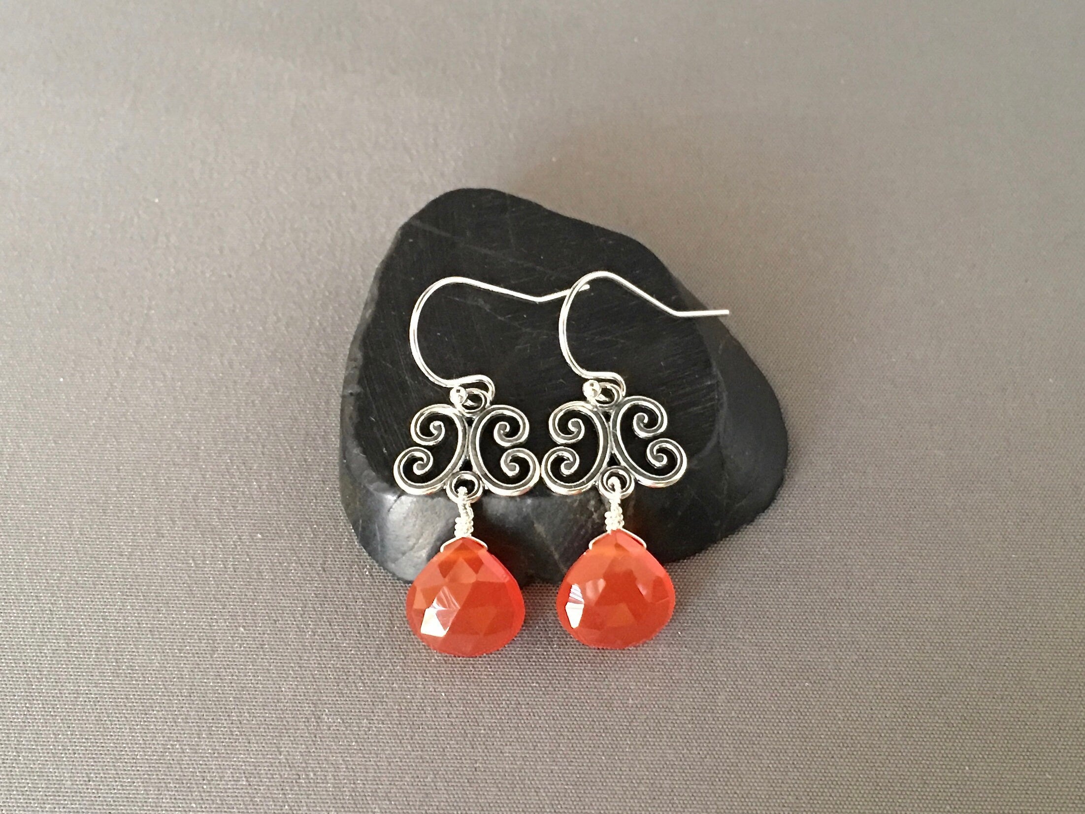 Carnelian Teardrop and Bali Sterling Silver Link Dangle Earrings