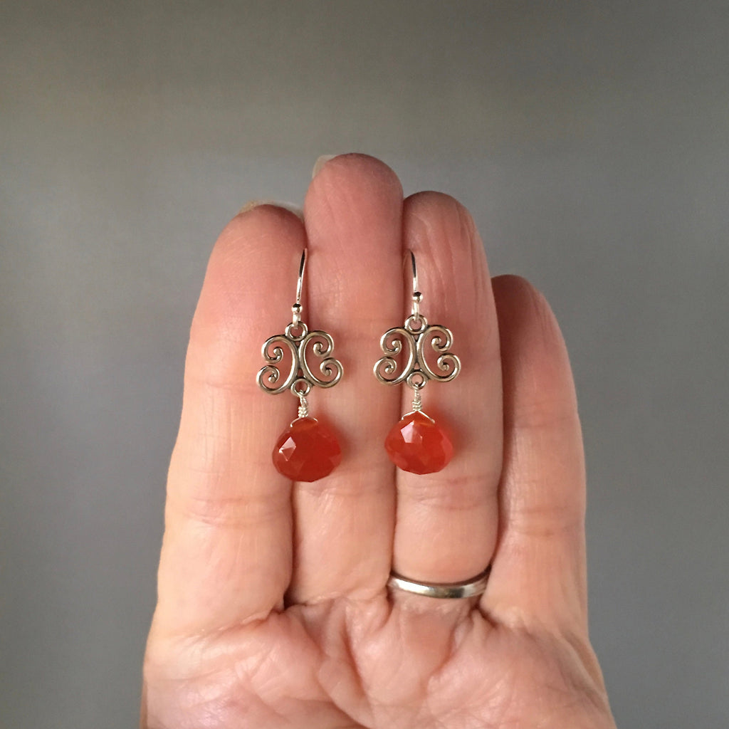 Carnelian Teardrop and Bali Sterling Silver Link Dangle Earrings
