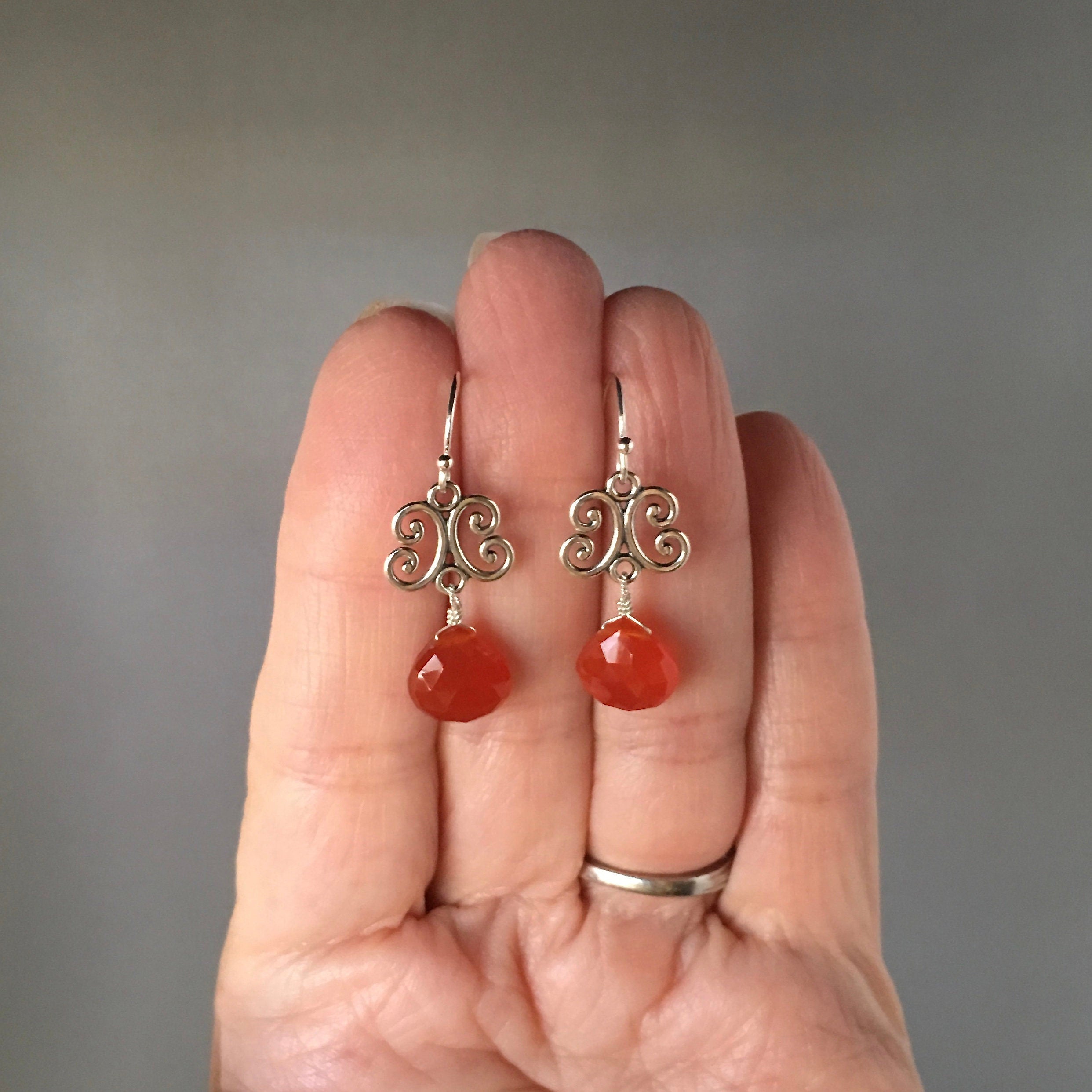 Carnelian Teardrop and Bali Sterling Silver Link Dangle Earrings