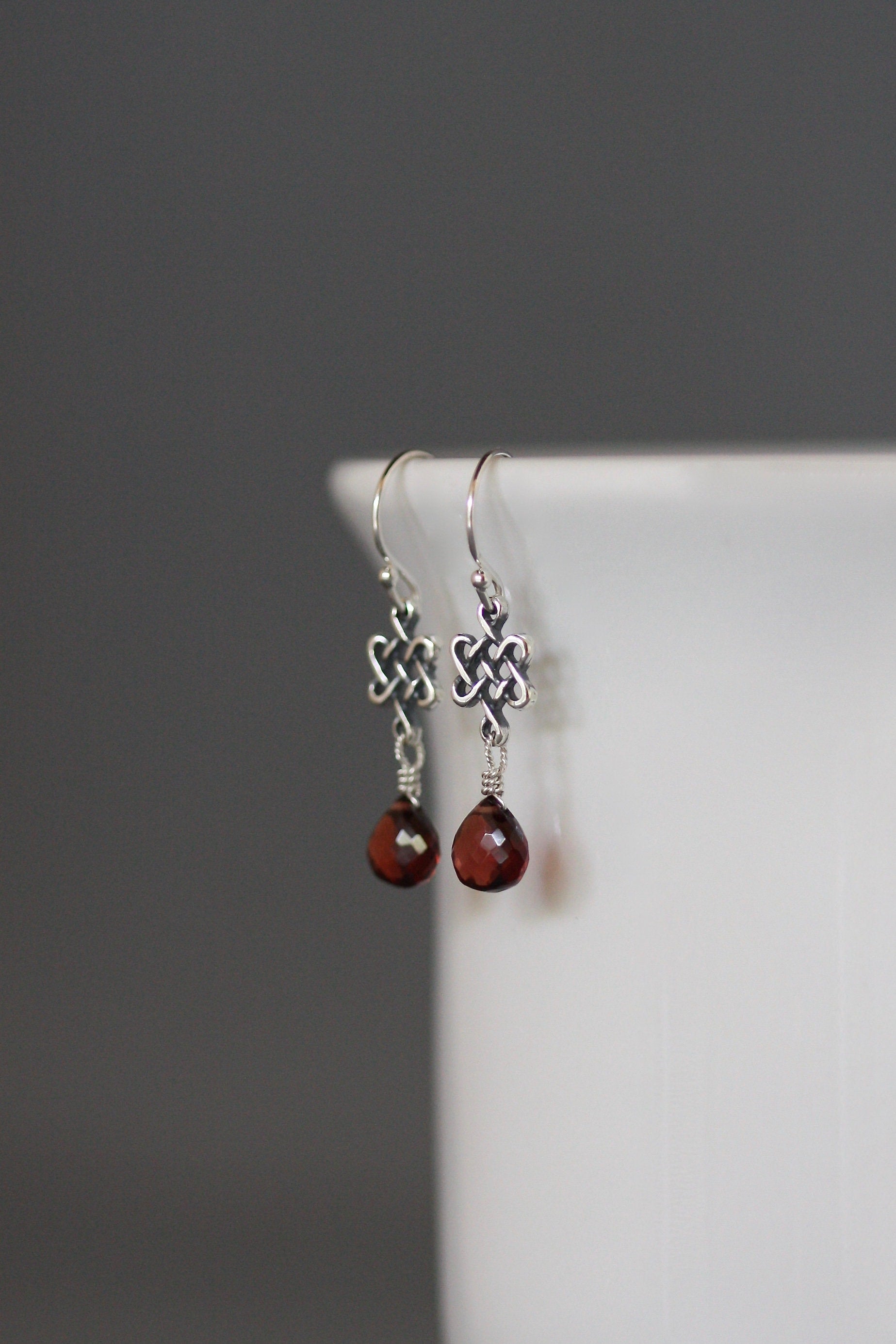 Garnet Teardrop and Bali Sterling Silver Celtic Knot Dangle Earrings