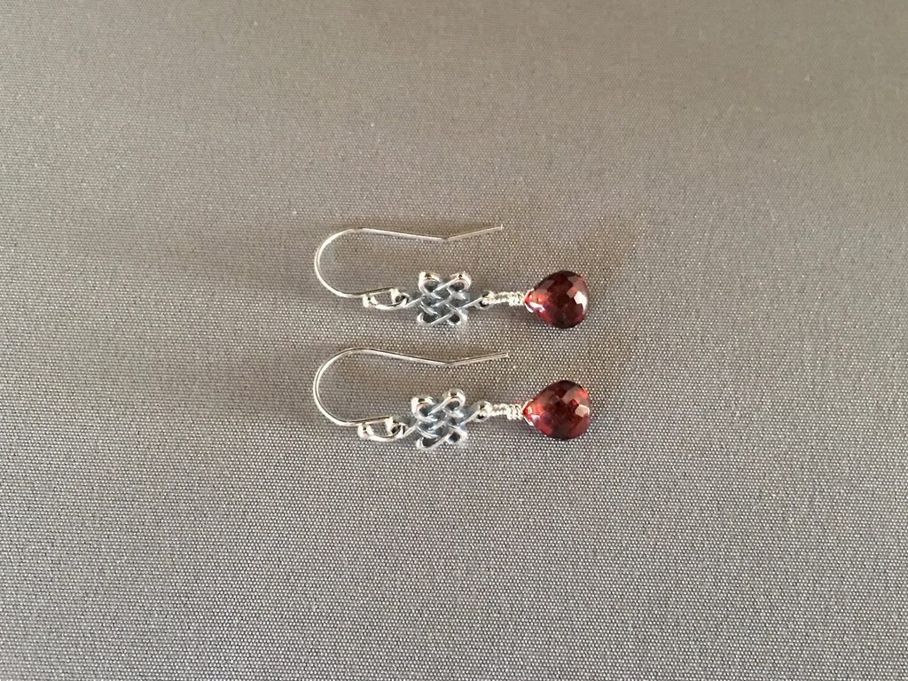 Garnet Teardrop and Bali Sterling Silver Celtic Knot Dangle Earrings