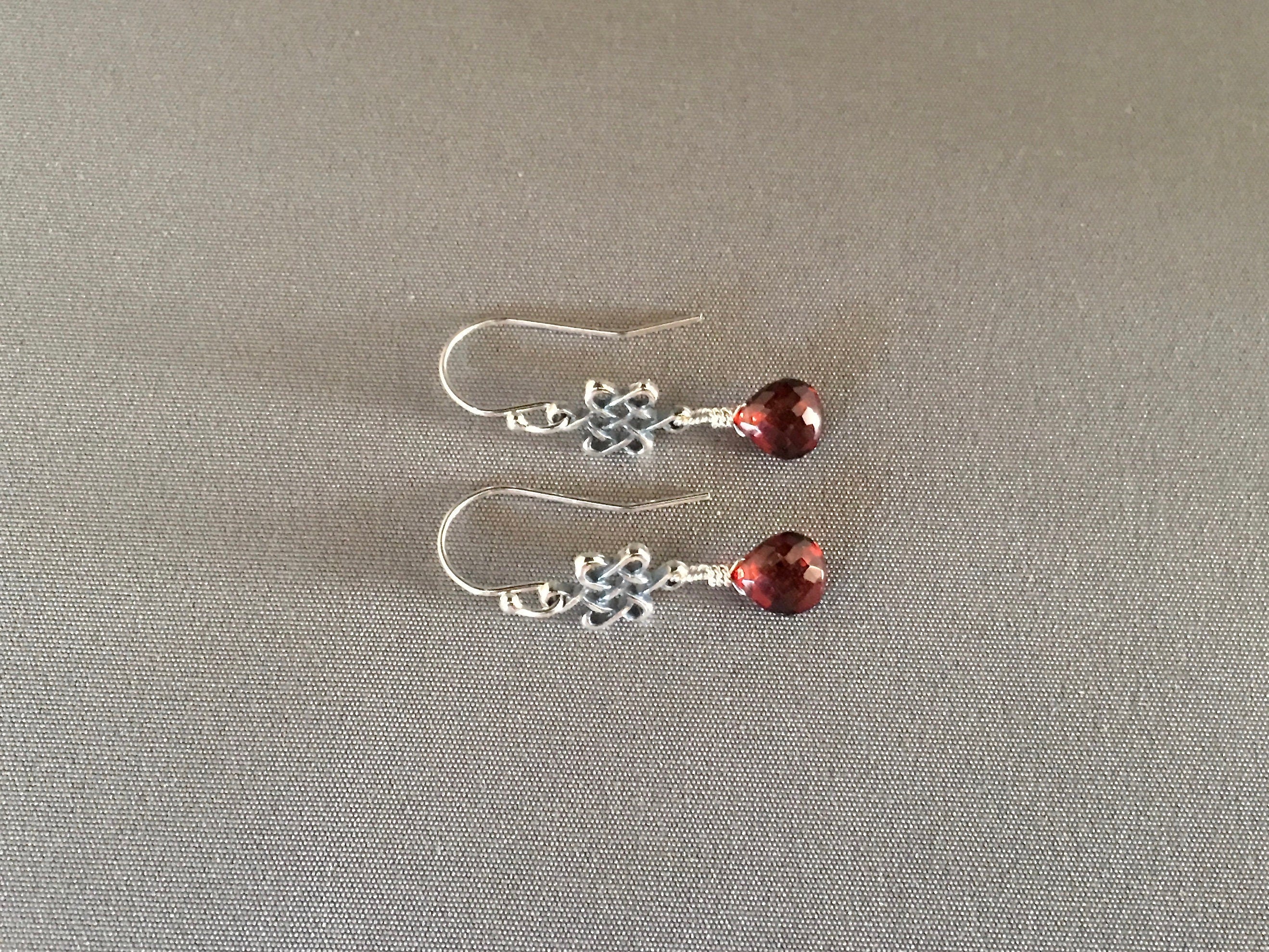 Garnet Teardrop and Bali Sterling Silver Celtic Knot Dangle Earrings