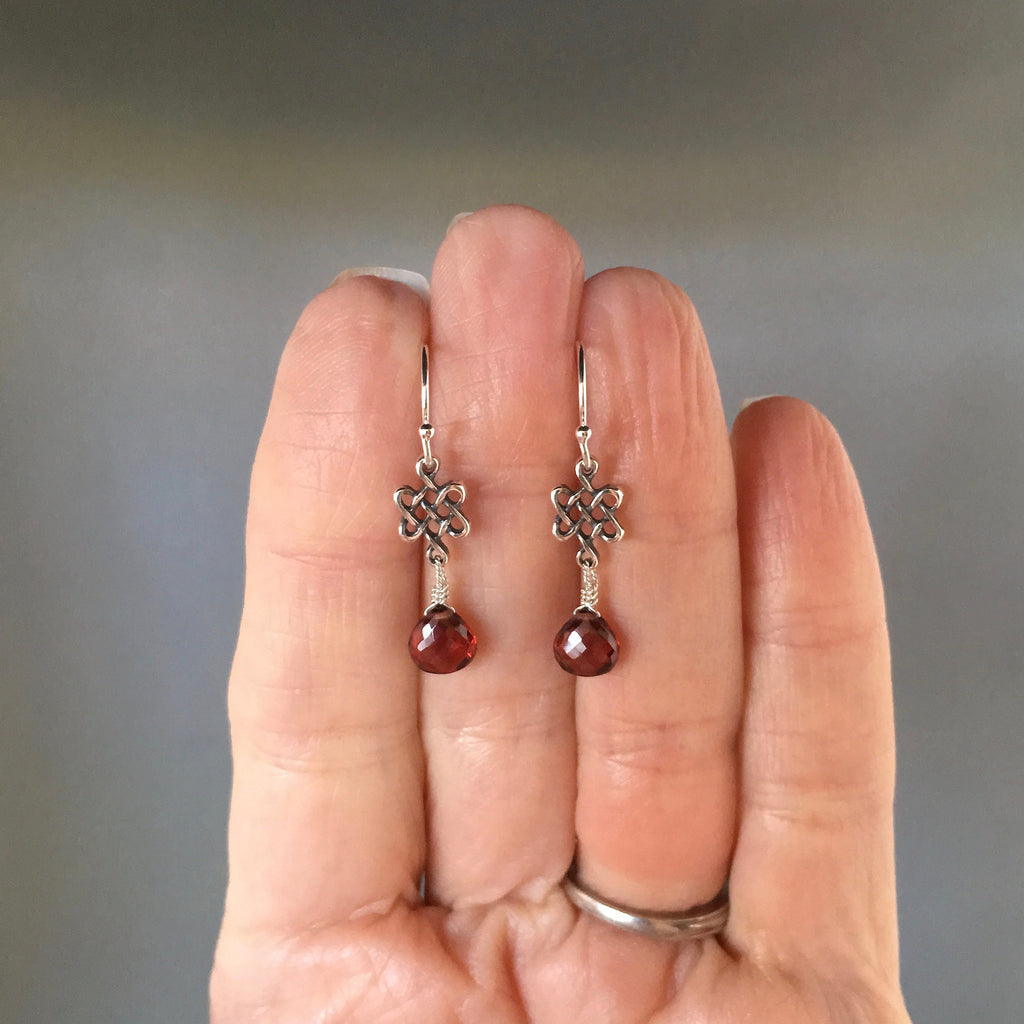 Garnet Teardrop and Bali Sterling Silver Celtic Knot Dangle Earrings