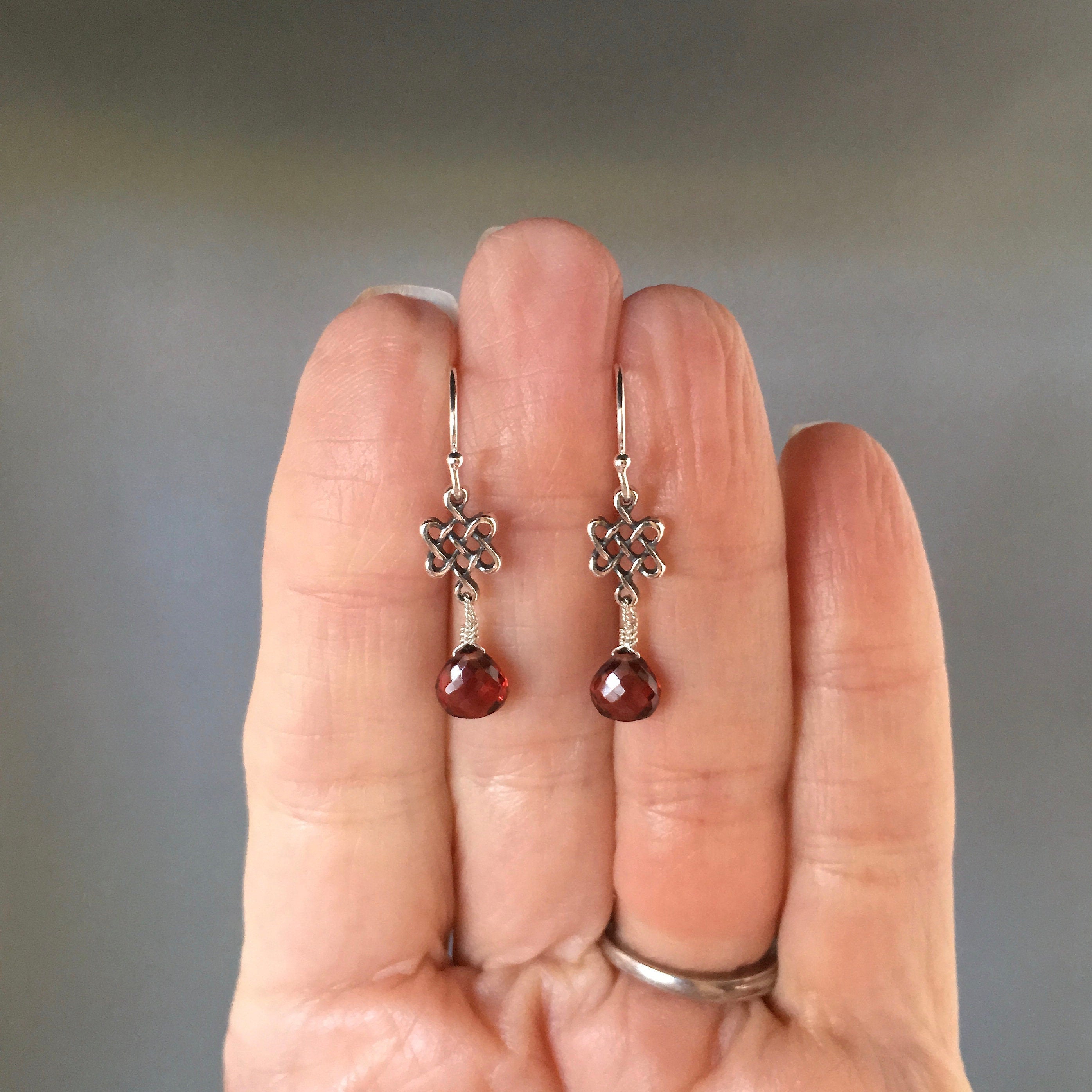 Garnet Teardrop and Bali Sterling Silver Celtic Knot Dangle Earrings