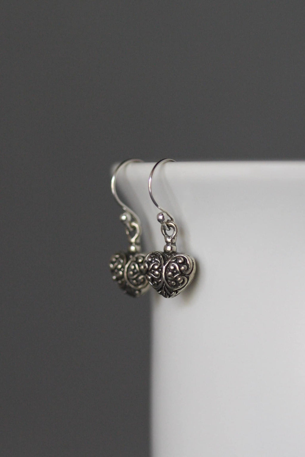 Bali Sterling Silver Raised Heart Charm Dangle Earrings
