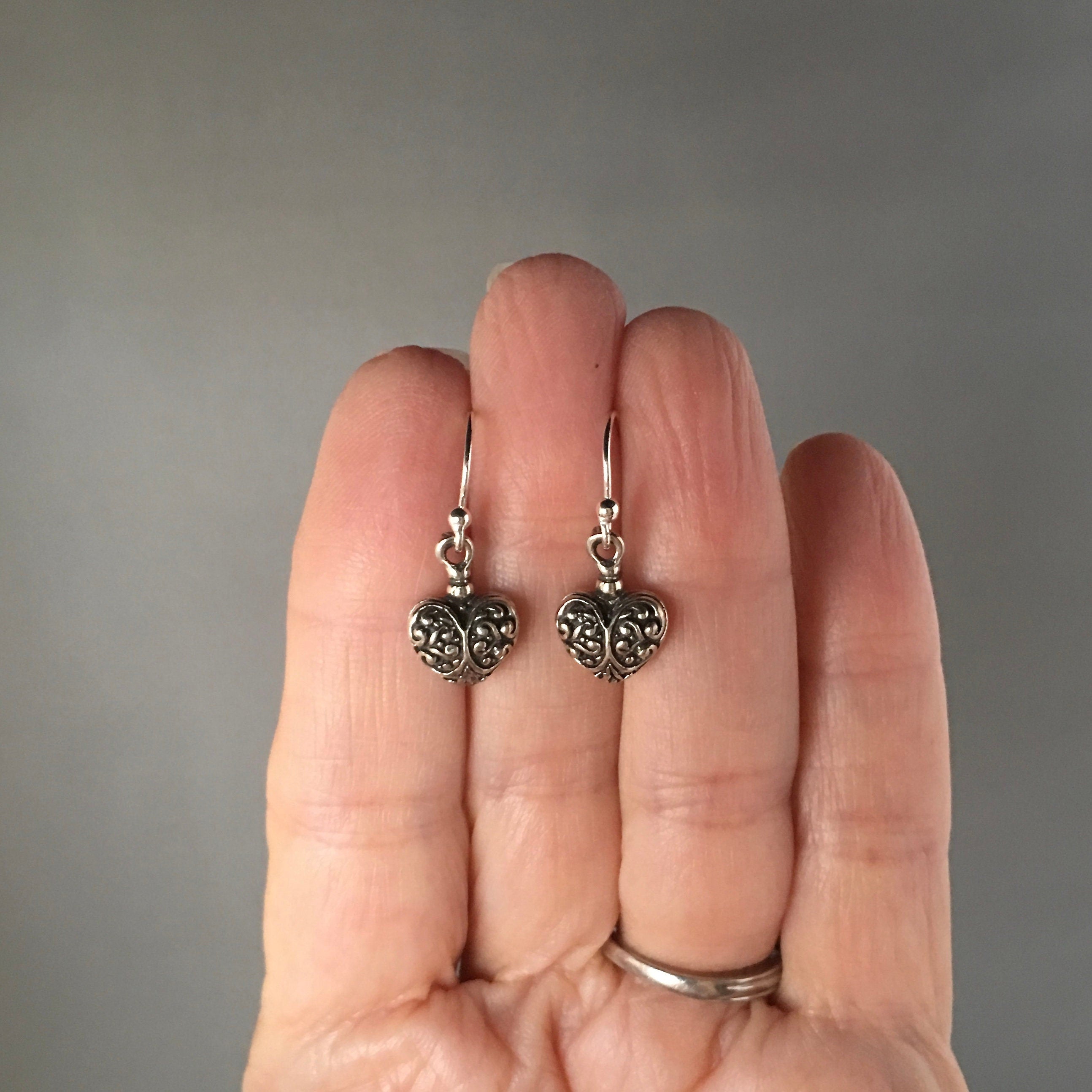 Bali Sterling Silver Raised Heart Charm Dangle Earrings
