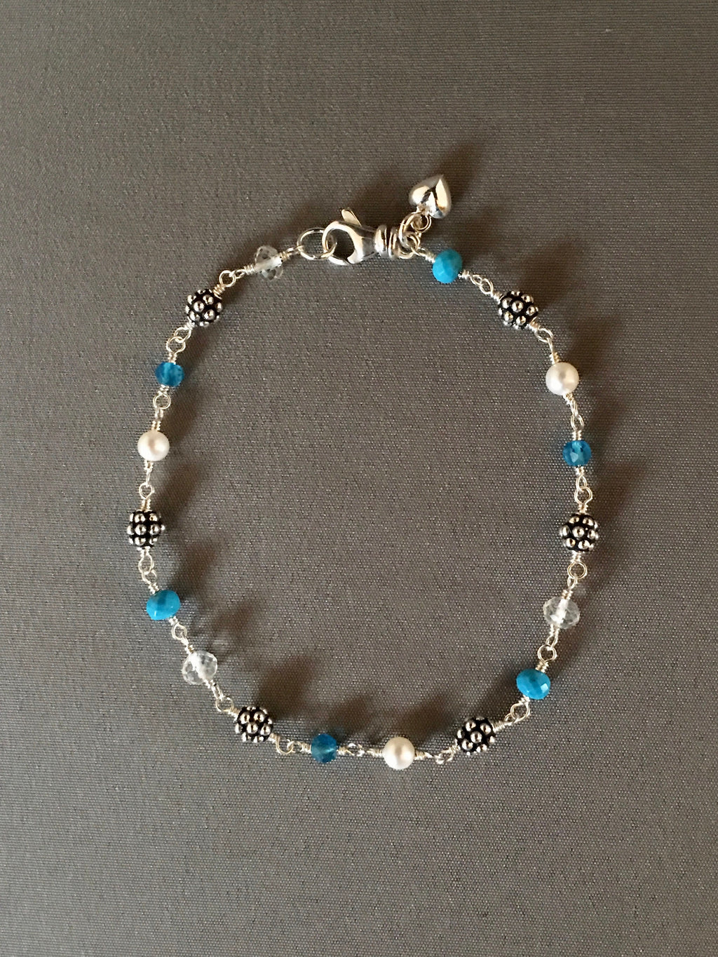 Multi-Gemstone Sterling Silver Bracelet with Turquoise, Apatite, Quartz, and Pearls