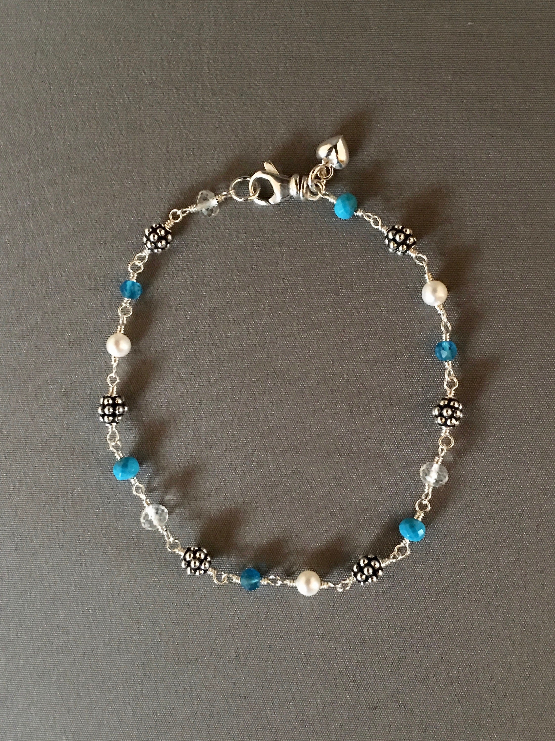 Multi-Gemstone Sterling Silver Bracelet with Turquoise, Apatite, Quartz, and Pearls