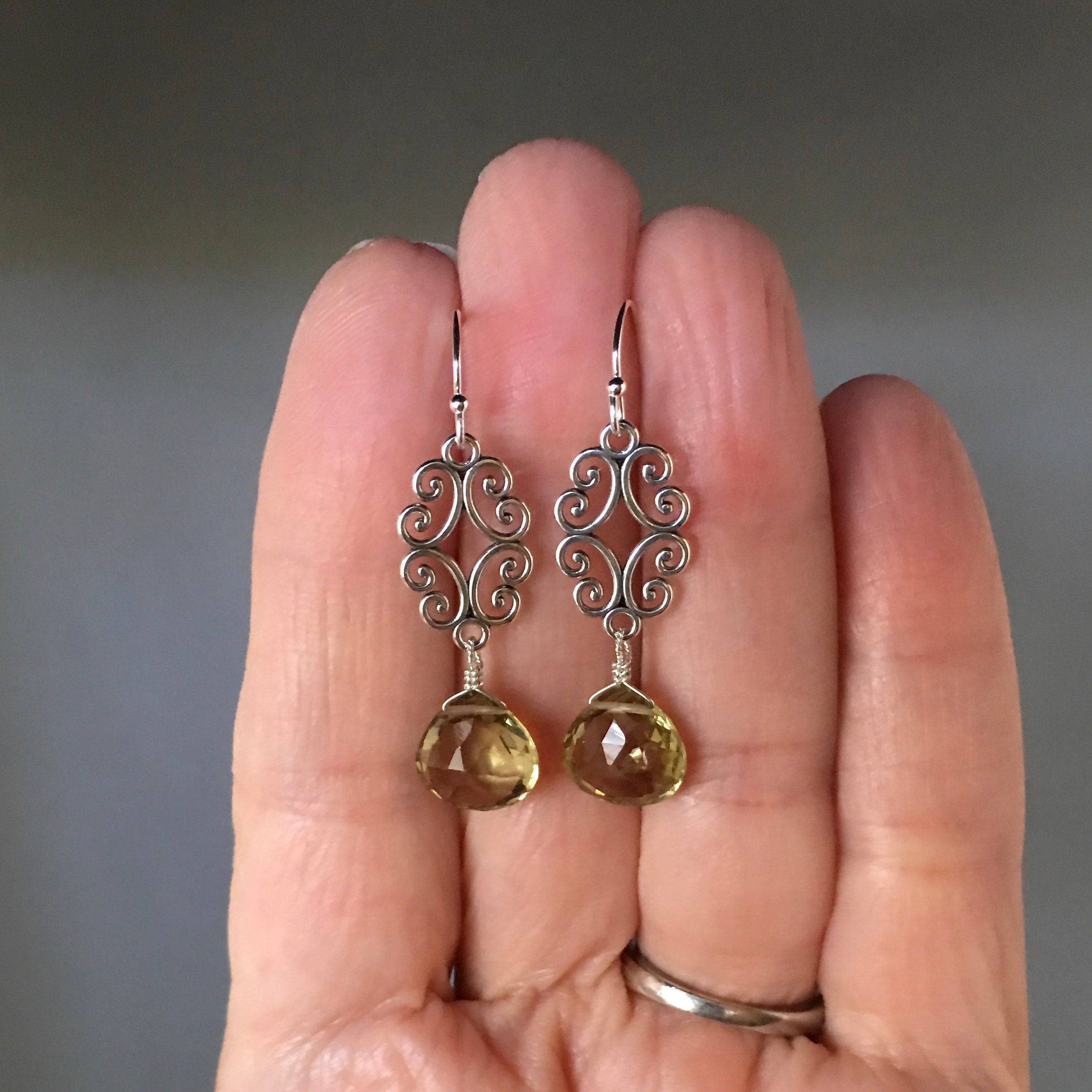 Olive Green Quartz and Bali Sterling Silver Filigree Chandelier Earrings