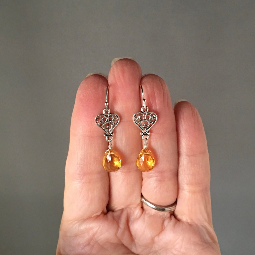 Citrine Quartz Teardrop Earrings on Bali Sterling Silver Filigree Heart Links