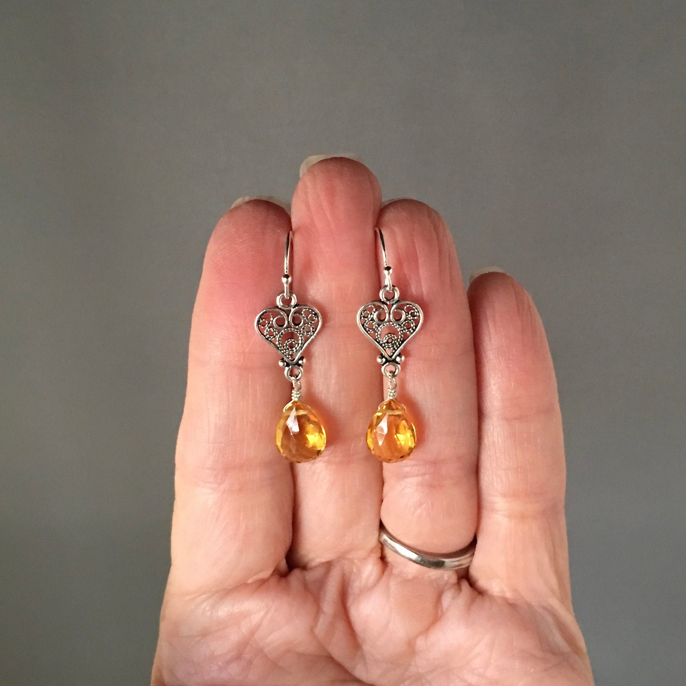 Citrine Quartz Teardrop Earrings on Bali Sterling Silver Filigree Heart Links