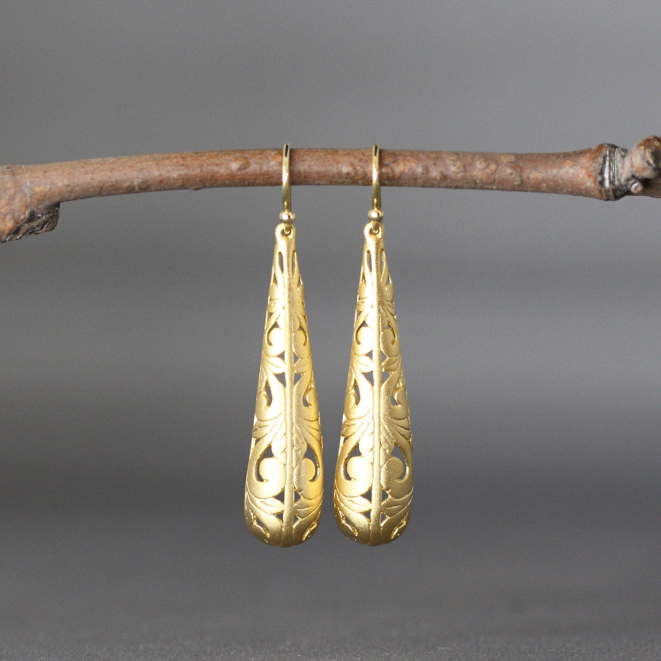Matte Gold Vermeil Filigree Statement Dangle Earrings
