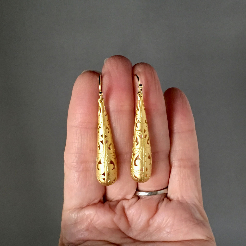 Matte Gold Vermeil Filigree Statement Dangle Earrings