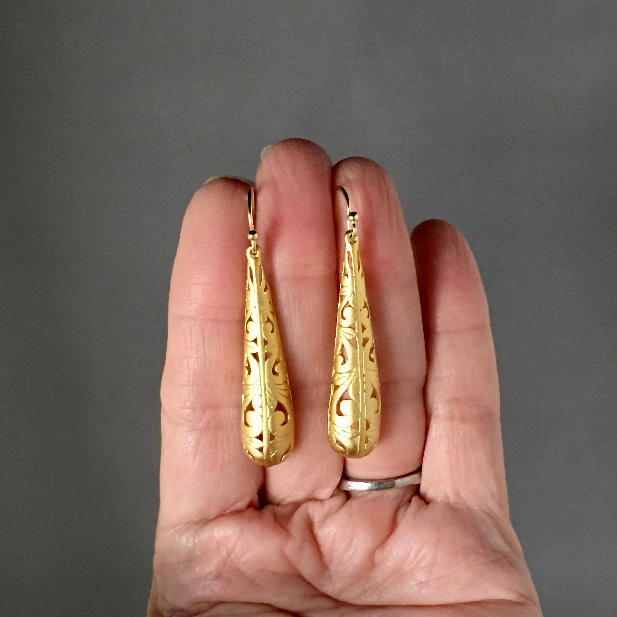 Matte Gold Vermeil Filigree Statement Dangle Earrings