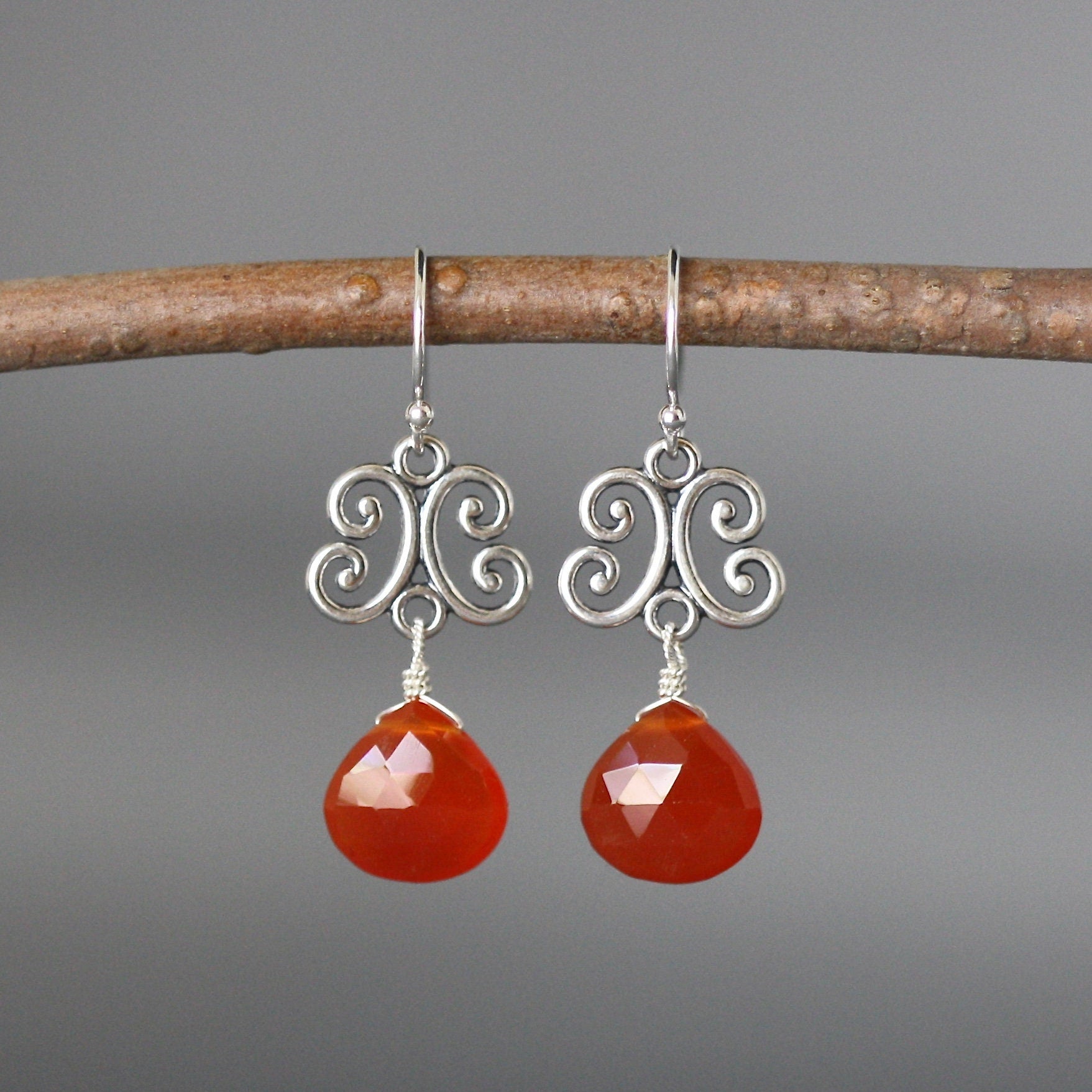 Carnelian Teardrop and Bali Sterling Silver Link Dangle Earrings