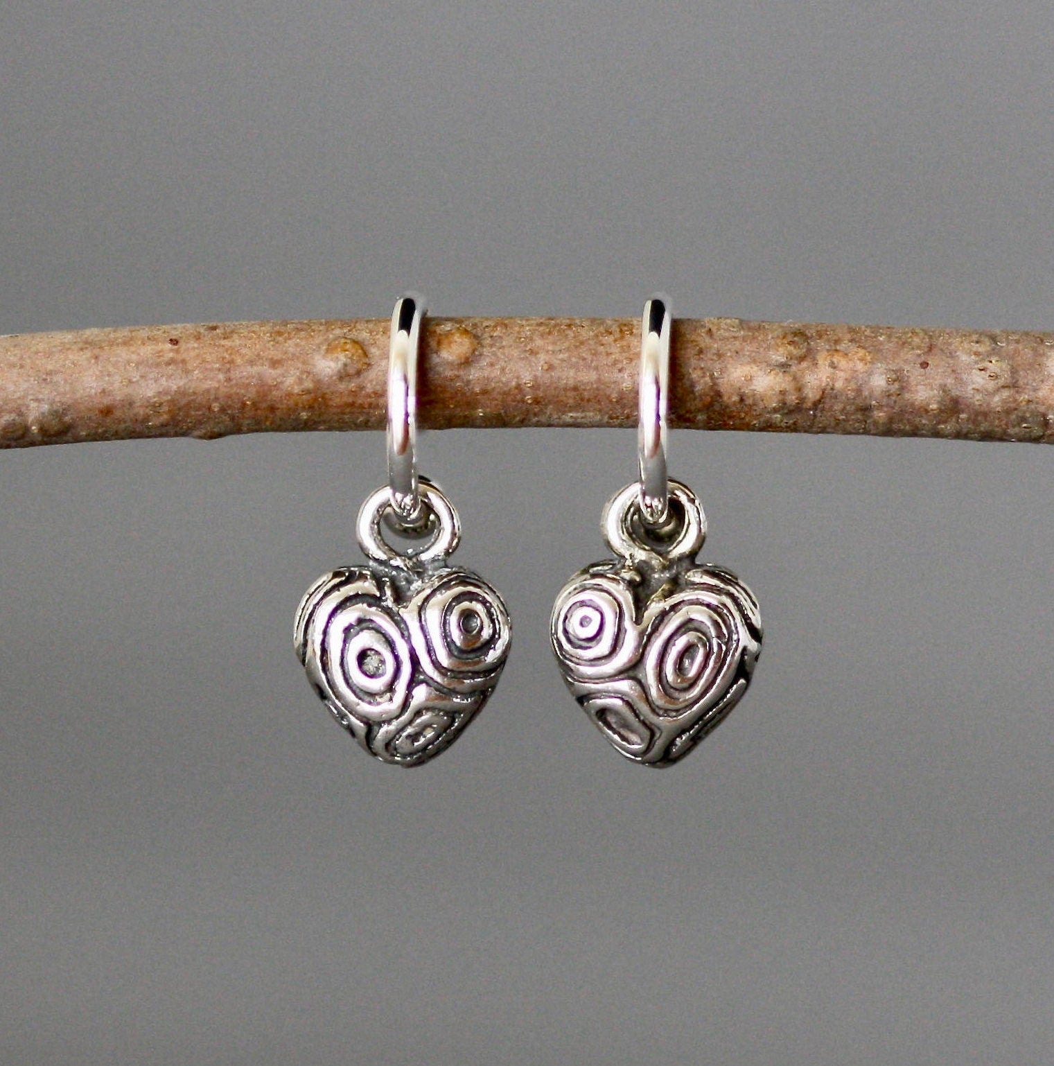 Bali Sterling Silver Heart Charm Earrings with Carved Detail on Post Hoops
