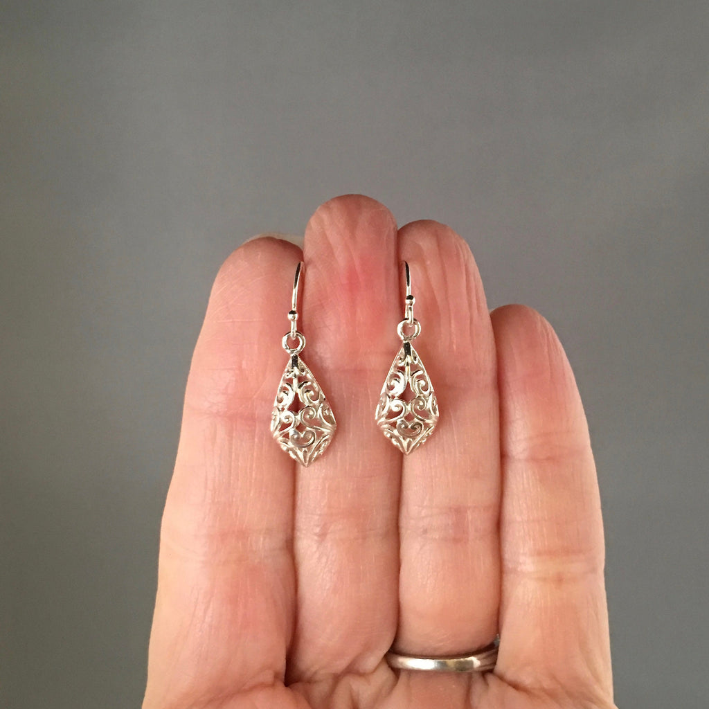 Bright Silver Filigree Charm Dangle Earrings