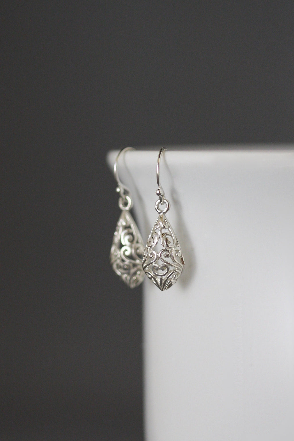 Bright Silver Filigree Charm Dangle Earrings