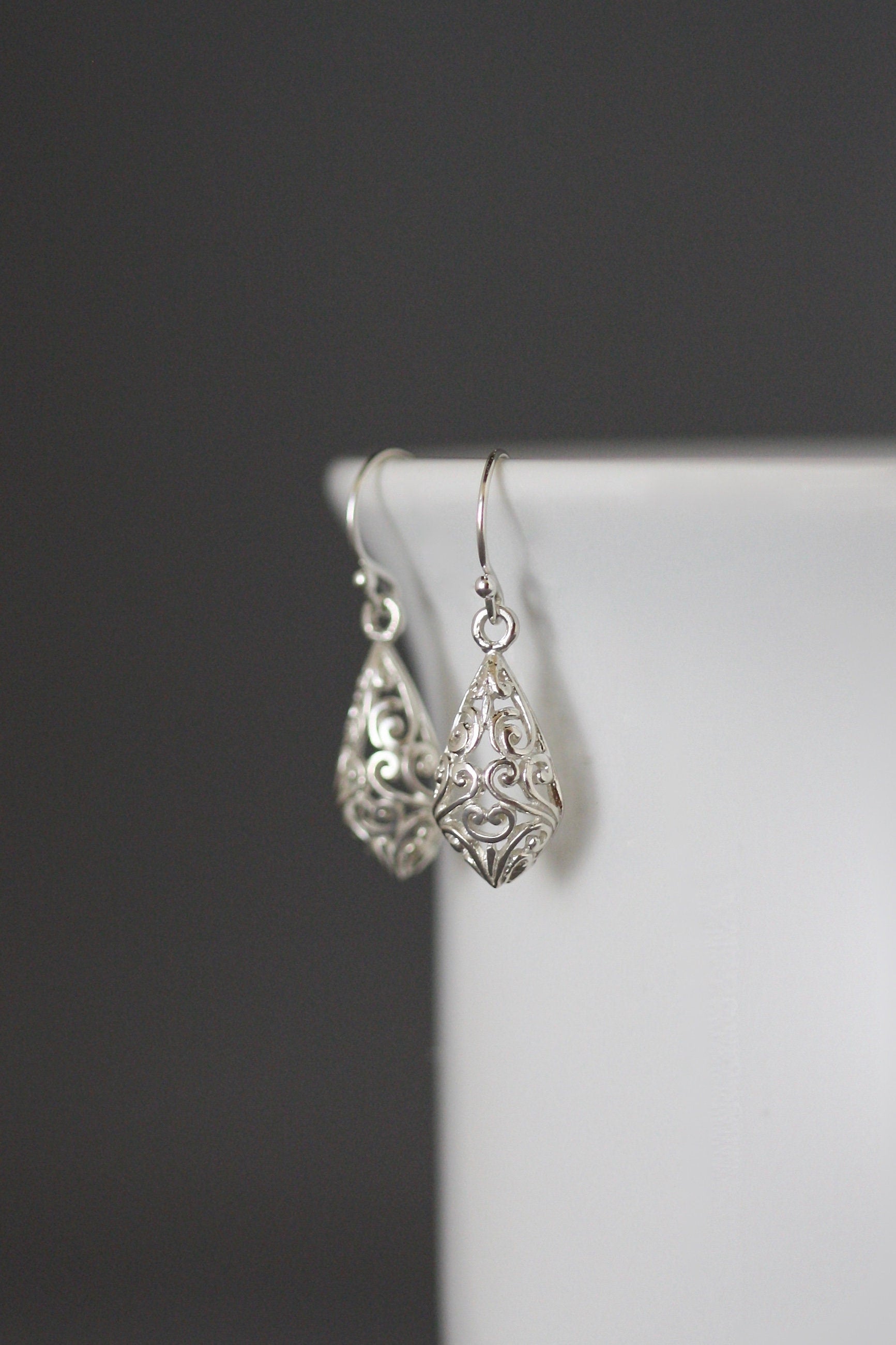 Bright Silver Filigree Charm Dangle Earrings