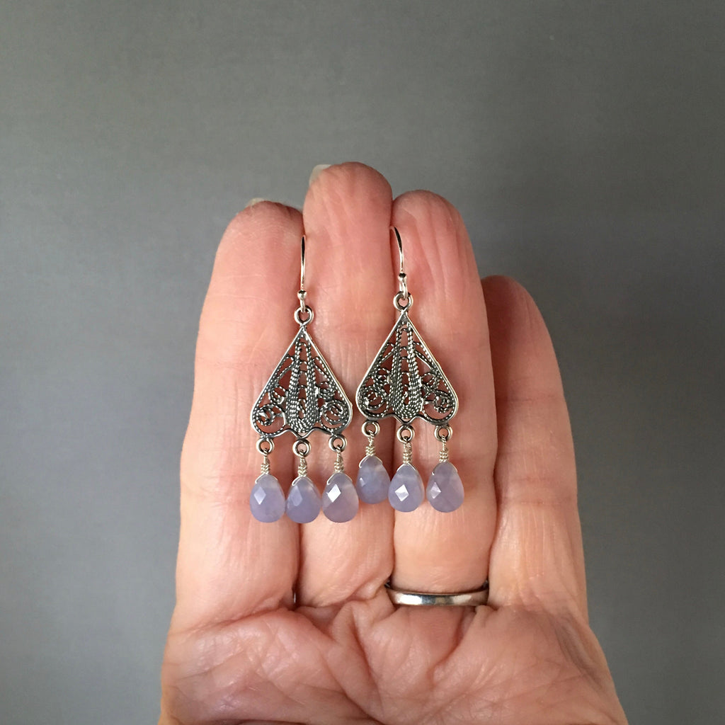 Blue Chalcedony Teardrop Chandelier Earrings on Bali Sterling Silver Filigree Findings