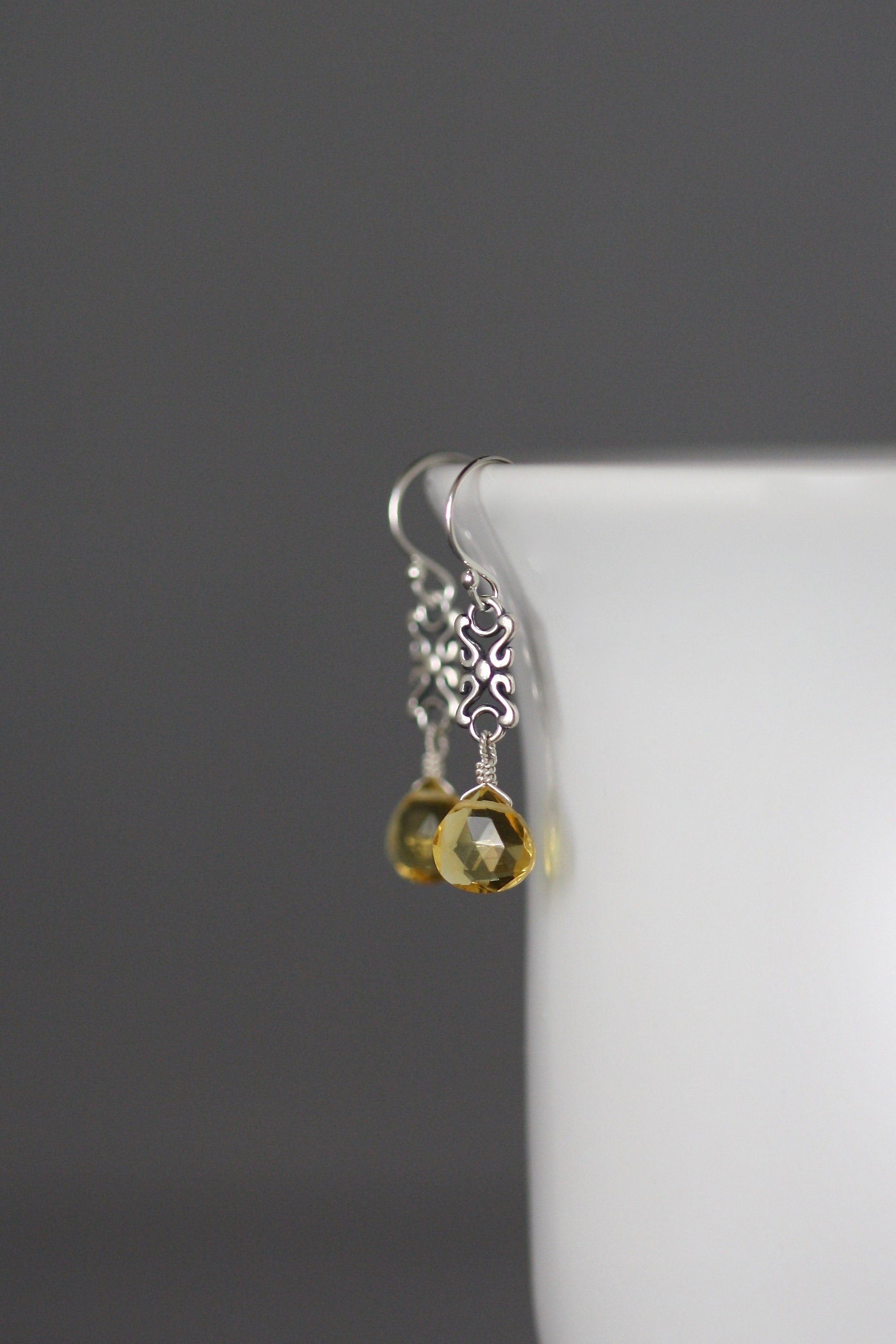 Citrine Quartz and Sterling Silver Bali Link Dangle Earrings