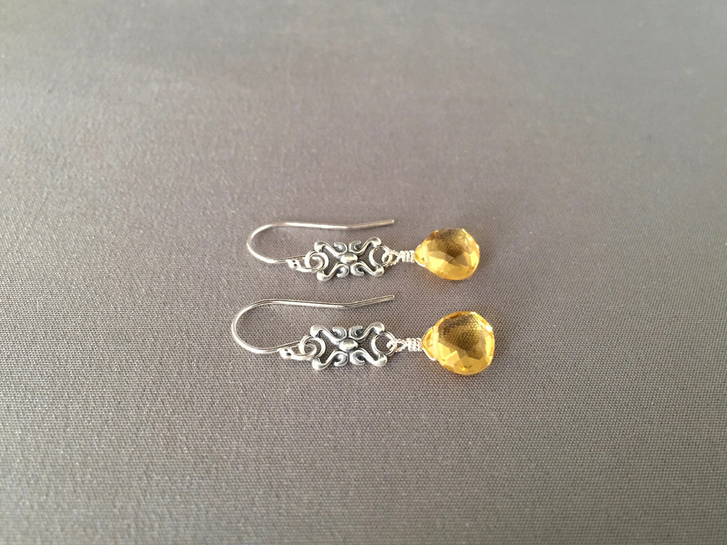 Citrine Quartz and Sterling Silver Bali Link Dangle Earrings
