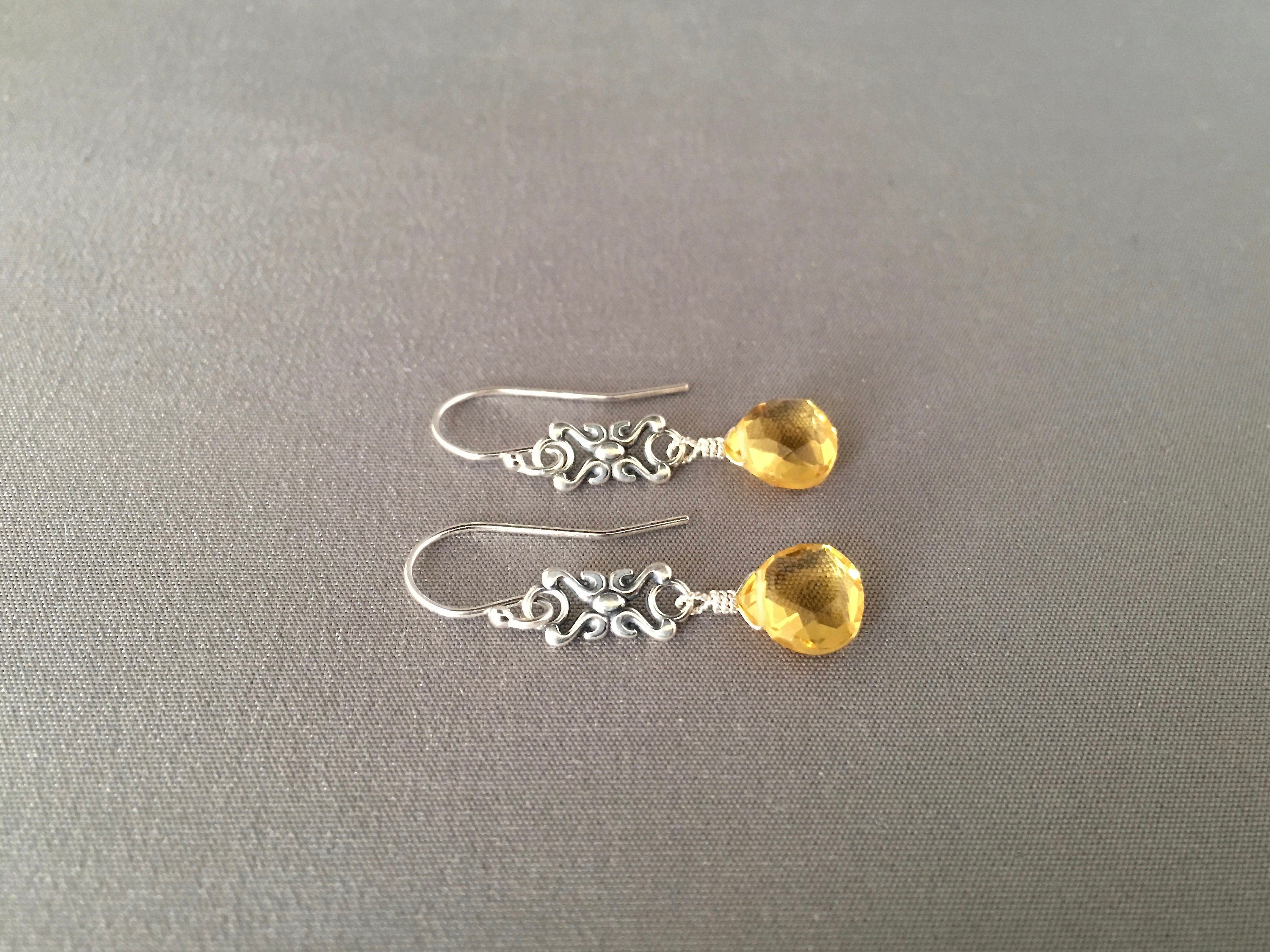 Citrine Quartz and Sterling Silver Bali Link Dangle Earrings