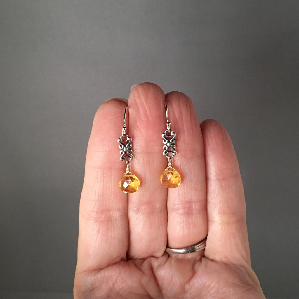 Citrine Quartz and Sterling Silver Bali Link Dangle Earrings