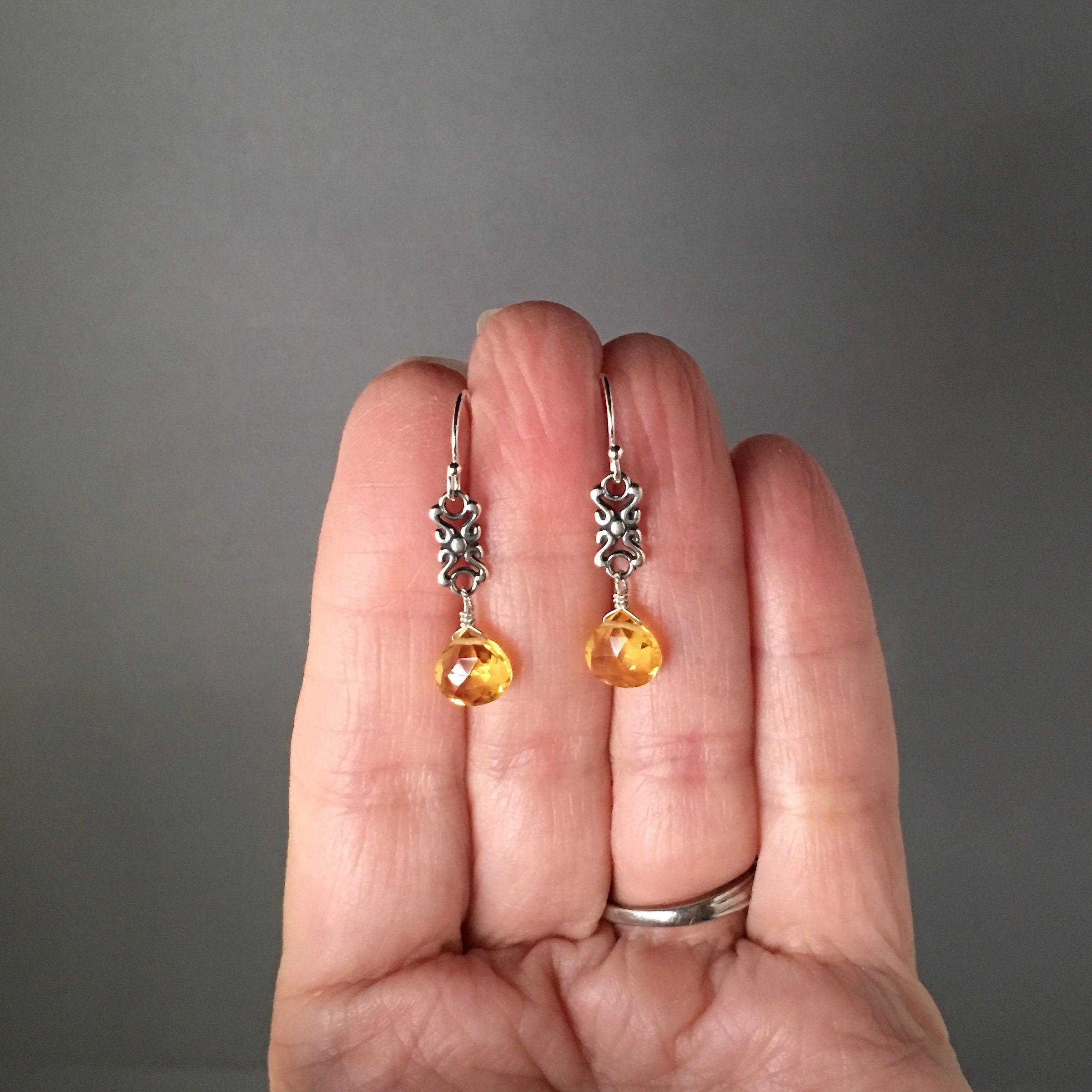 Citrine Quartz and Sterling Silver Bali Link Dangle Earrings