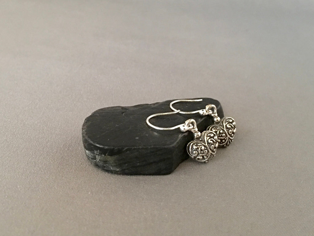 Bali Sterling Silver Raised Heart Charm Dangle Earrings