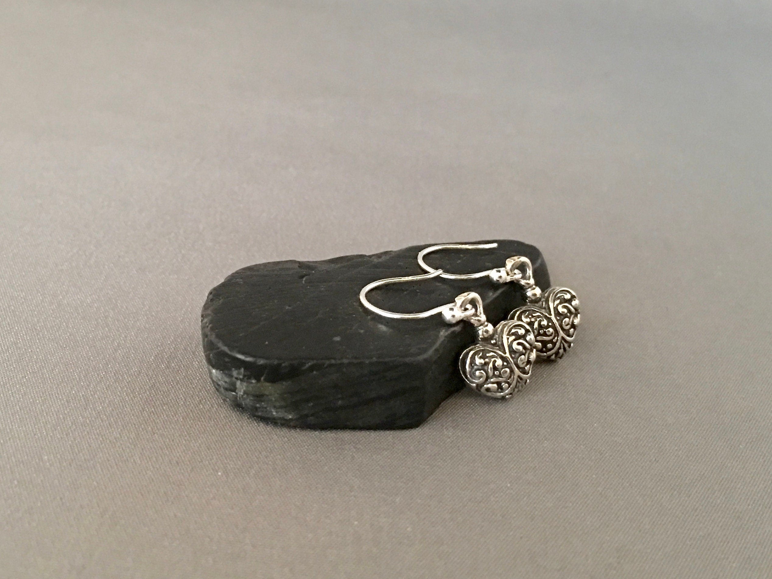 Bali Sterling Silver Raised Heart Charm Dangle Earrings