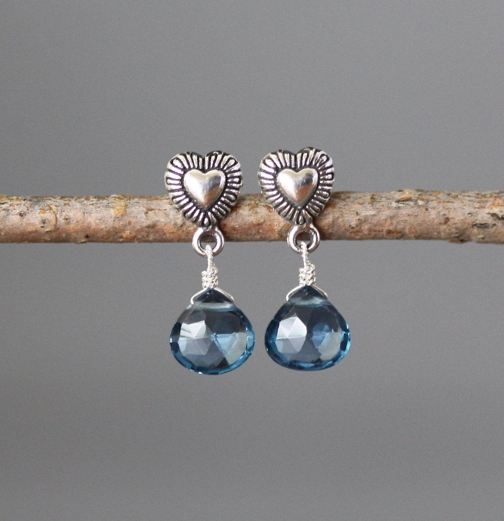 London Blue Topaz Teardrop Earrings on Bali Silver Heart Posts