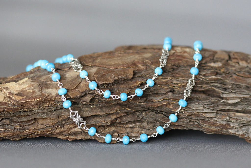 Turquoise Gemstone Beaded Necklace with Bali Sterling Silver Links