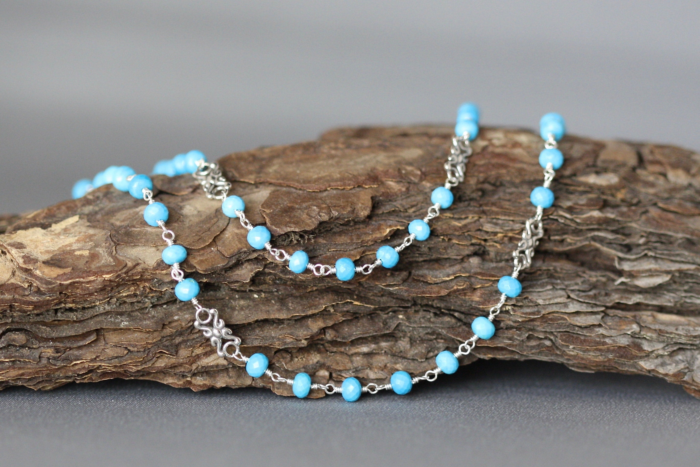 Turquoise Gemstone Beaded Necklace with Bali Sterling Silver Links