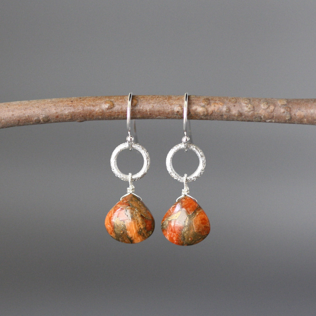 Orange Copper Turquoise Teardrop Earrings on Brushed Silver Circle Links