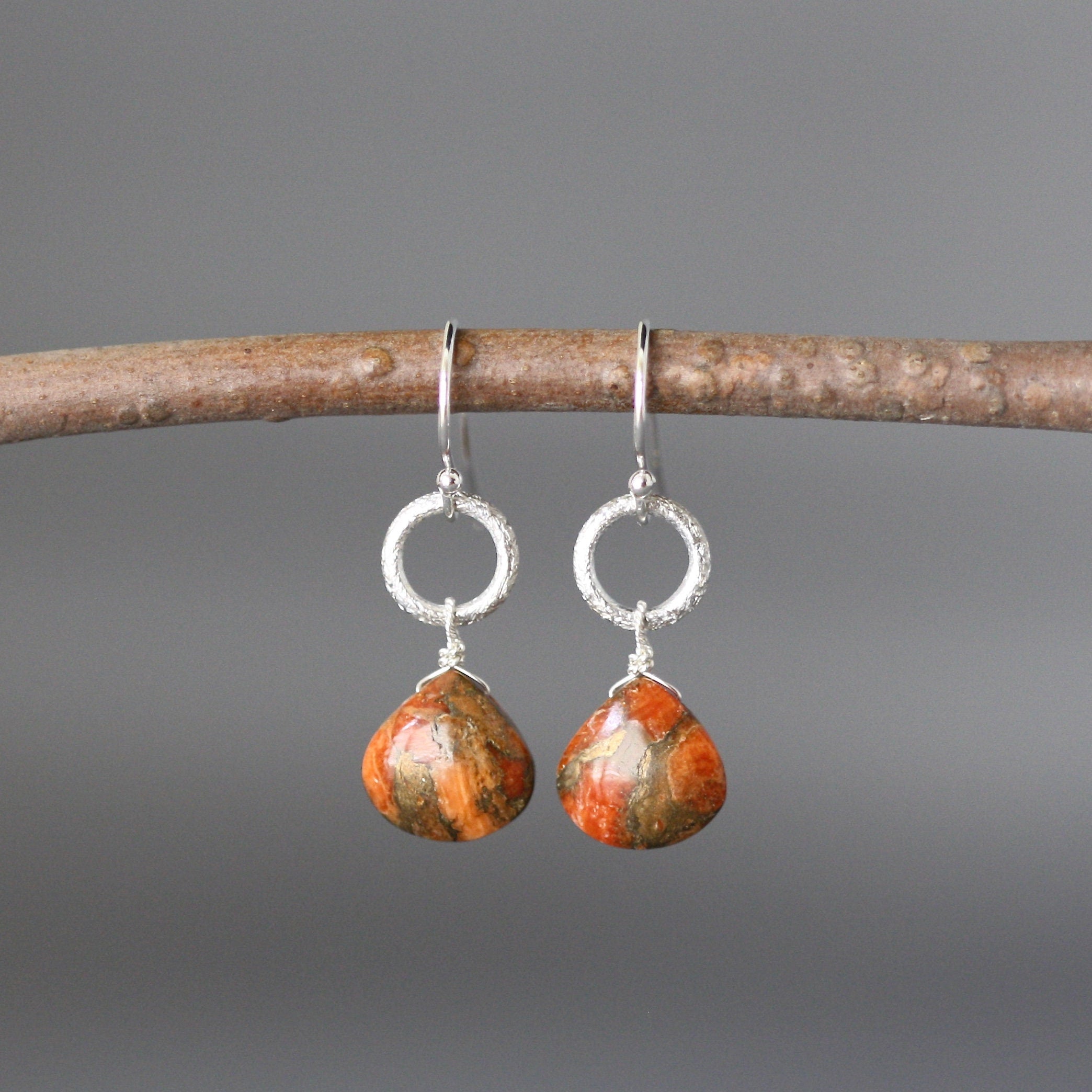 Orange Copper Turquoise Teardrop Earrings on Brushed Silver Circle Links