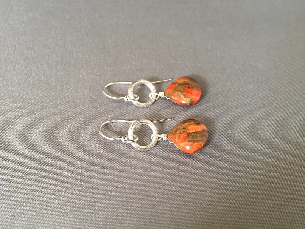 Orange Copper Turquoise Teardrop Earrings on Brushed Silver Circle Links