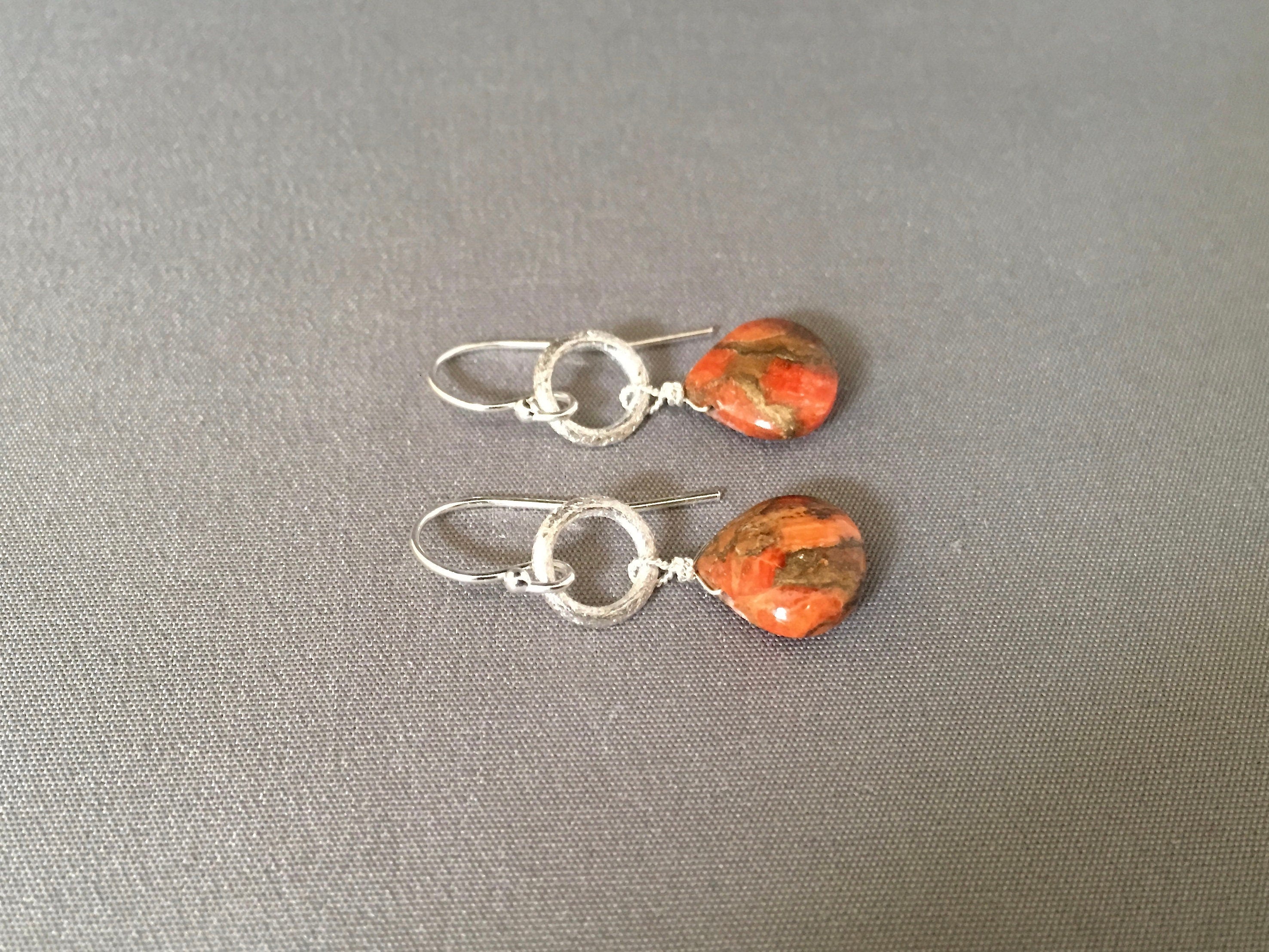 Orange Copper Turquoise Teardrop Earrings on Brushed Silver Circle Links