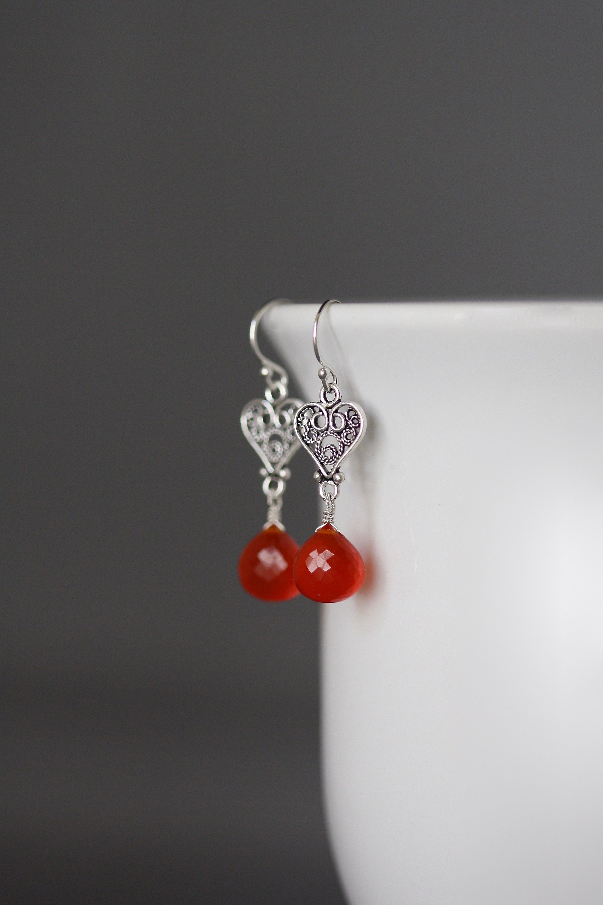 Carnelian Teardrop and Bali Sterling Silver Filigree Heart Dangle Earrings