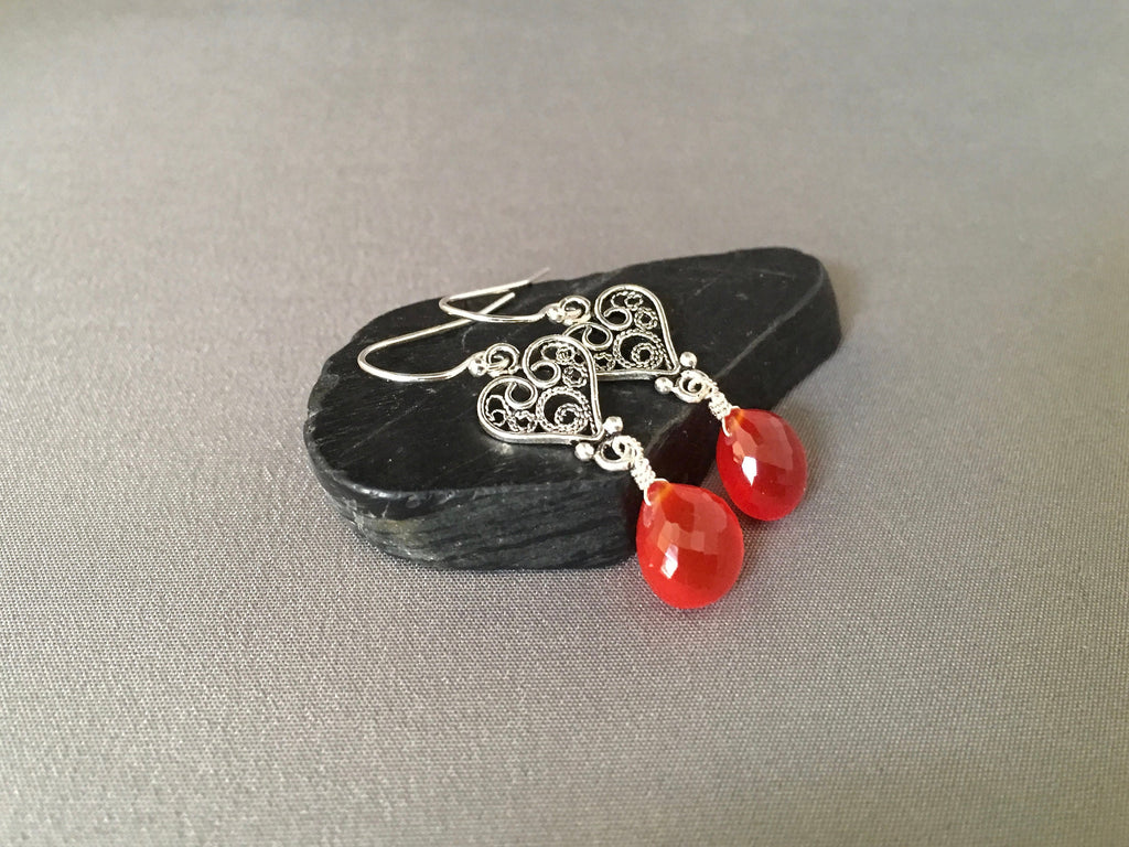 Carnelian Teardrop and Bali Sterling Silver Filigree Heart Dangle Earrings