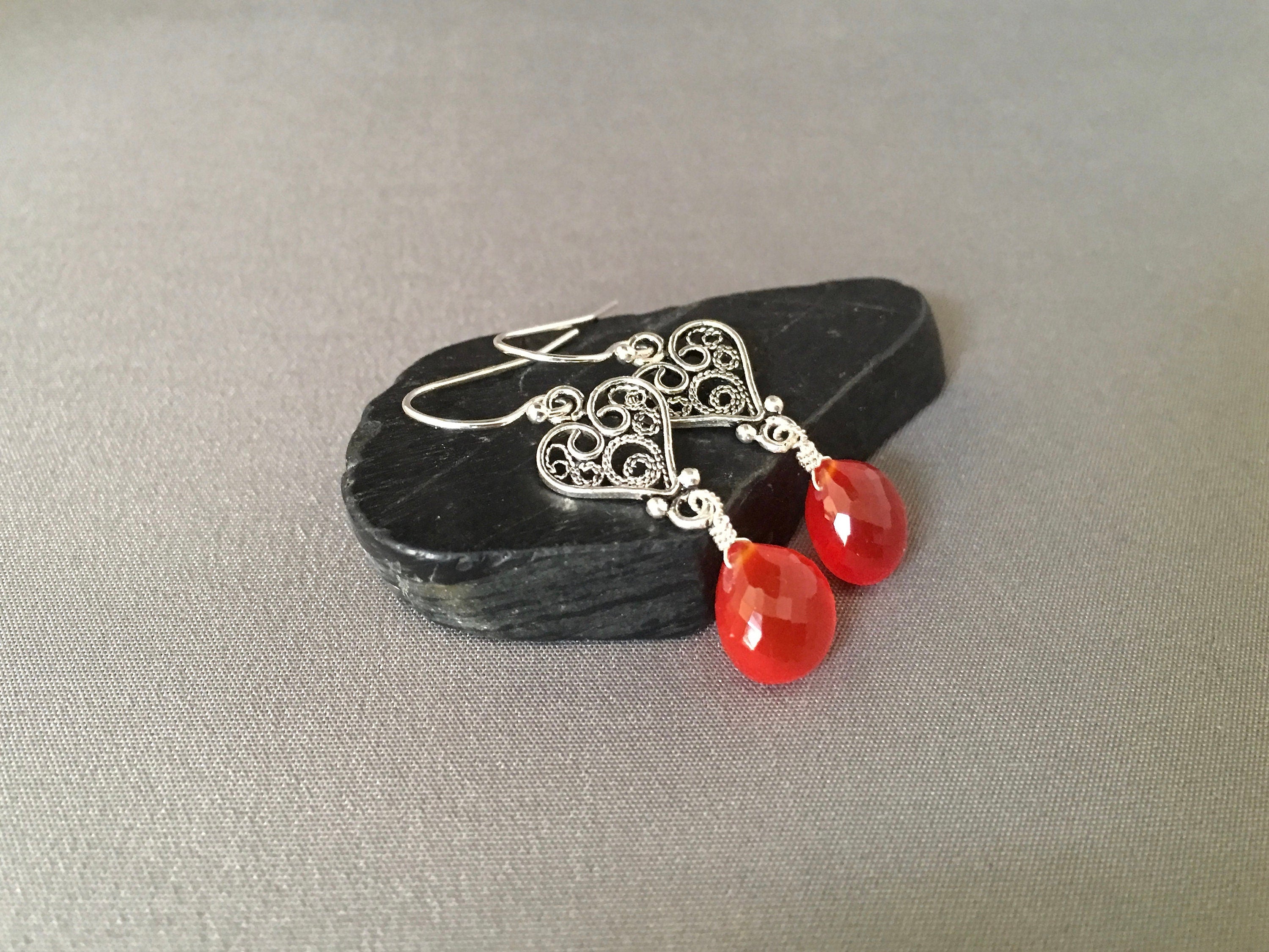 Carnelian Teardrop and Bali Sterling Silver Filigree Heart Dangle Earrings