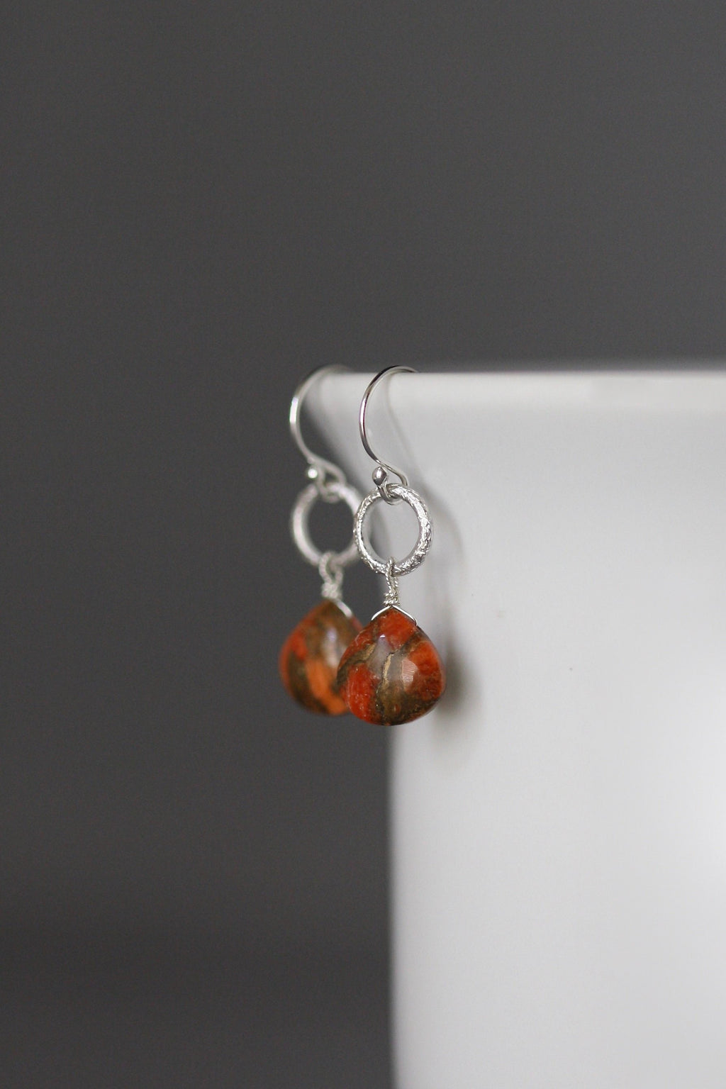 Orange Copper Turquoise Teardrop Earrings on Brushed Silver Circle Links