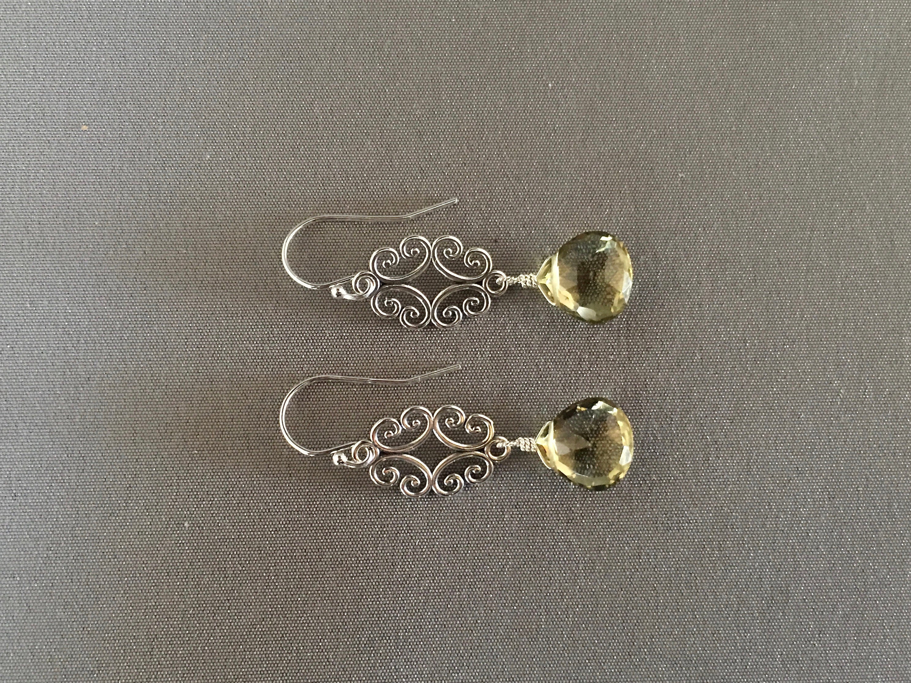 Olive Green Quartz and Bali Sterling Silver Filigree Chandelier Earrings