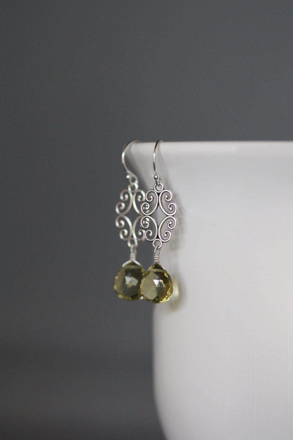 Olive Green Quartz and Bali Sterling Silver Filigree Chandelier Earrings