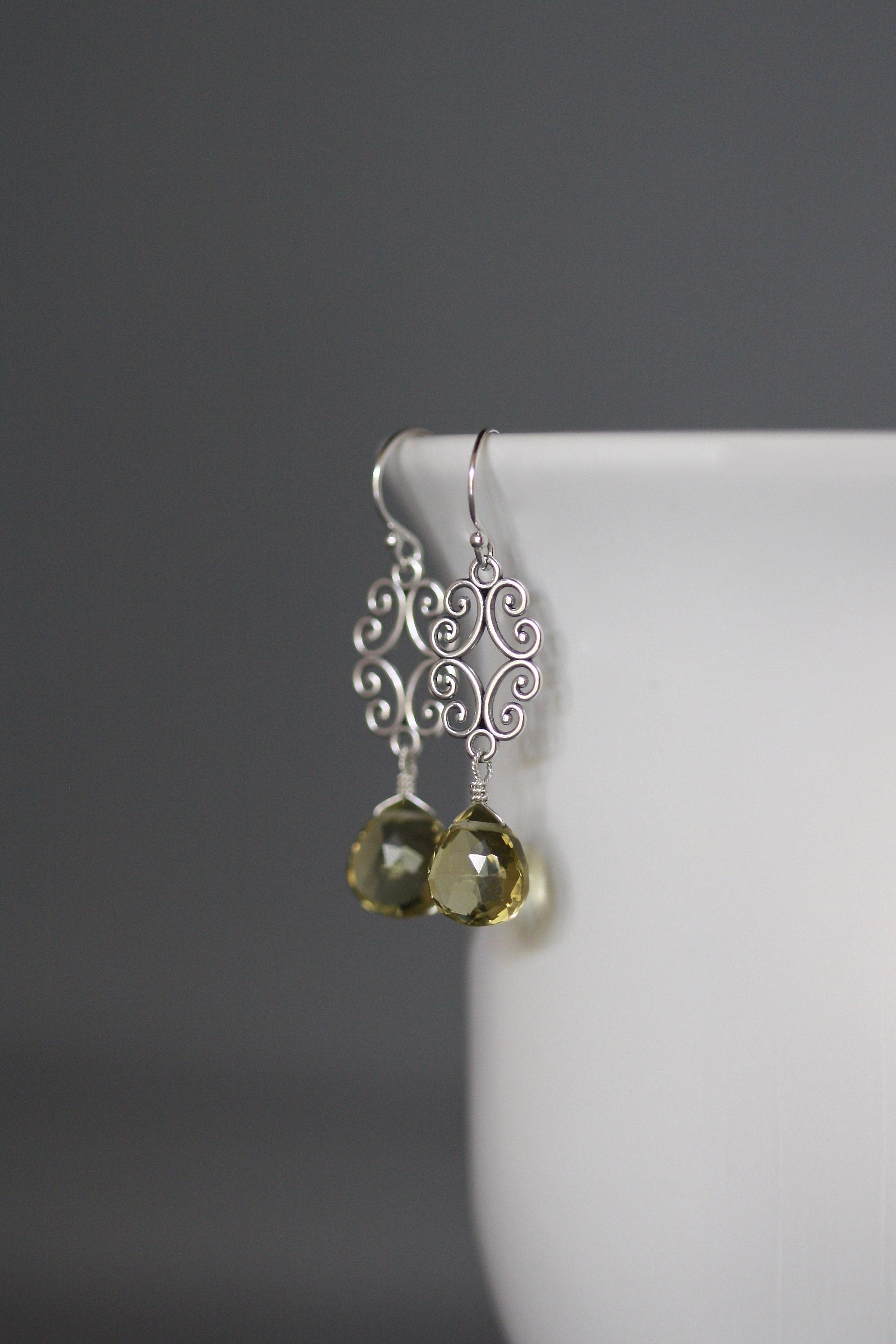Olive Green Quartz and Bali Sterling Silver Filigree Chandelier Earrings