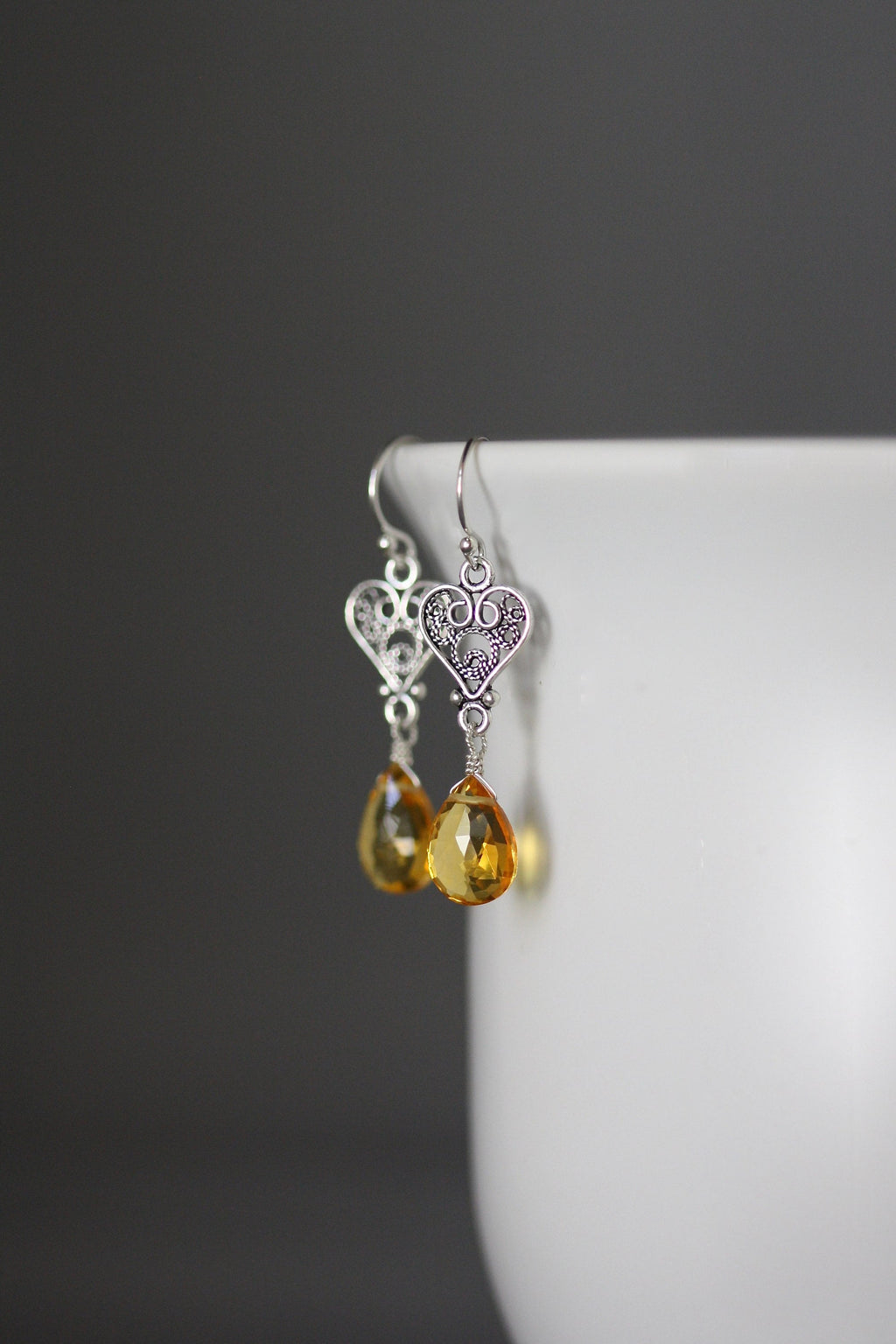 Citrine Quartz Teardrop Earrings on Bali Sterling Silver Filigree Heart Links