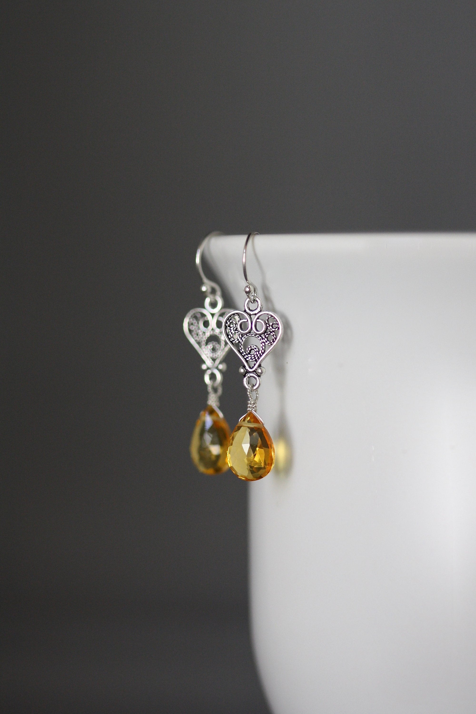 Citrine Quartz Teardrop Earrings on Bali Sterling Silver Filigree Heart Links