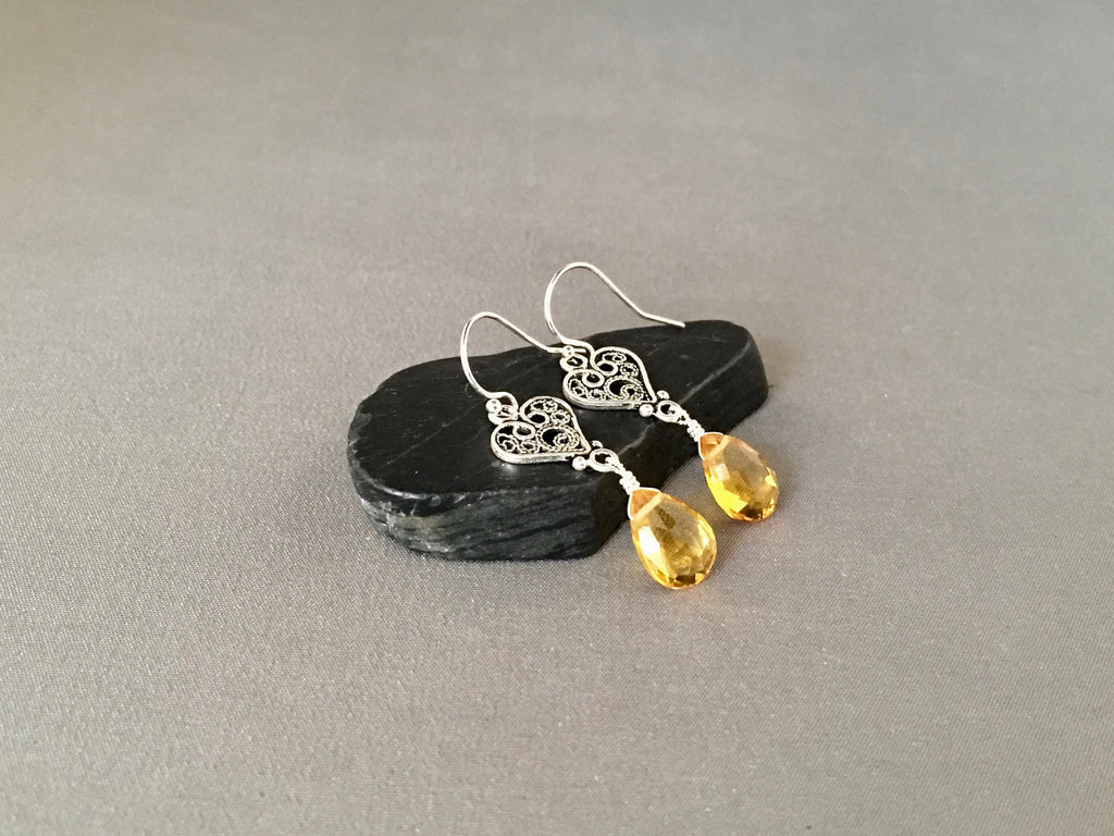 Citrine Quartz Teardrop Earrings on Bali Sterling Silver Filigree Heart Links