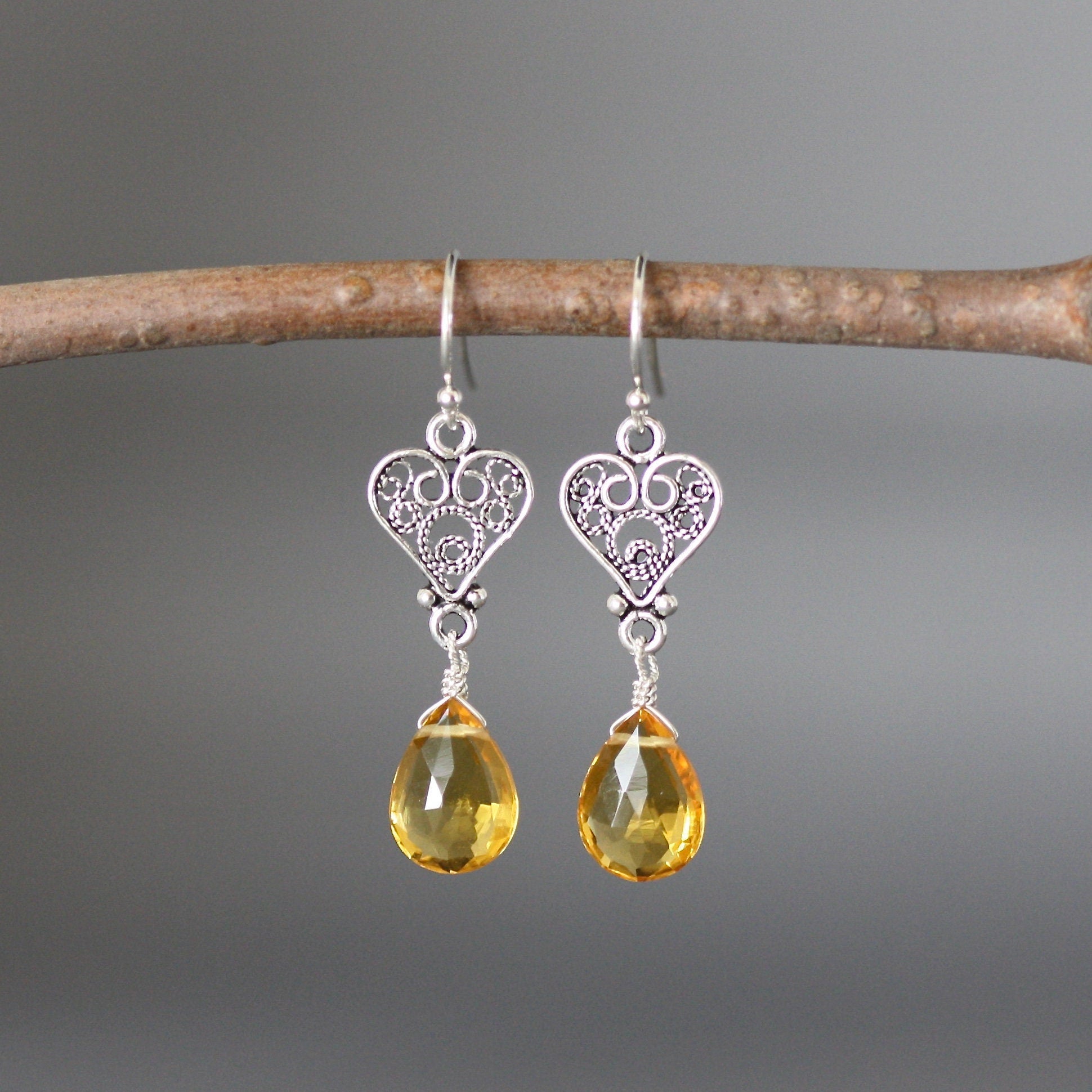 Citrine Quartz Teardrop Earrings on Bali Sterling Silver Filigree Heart Links