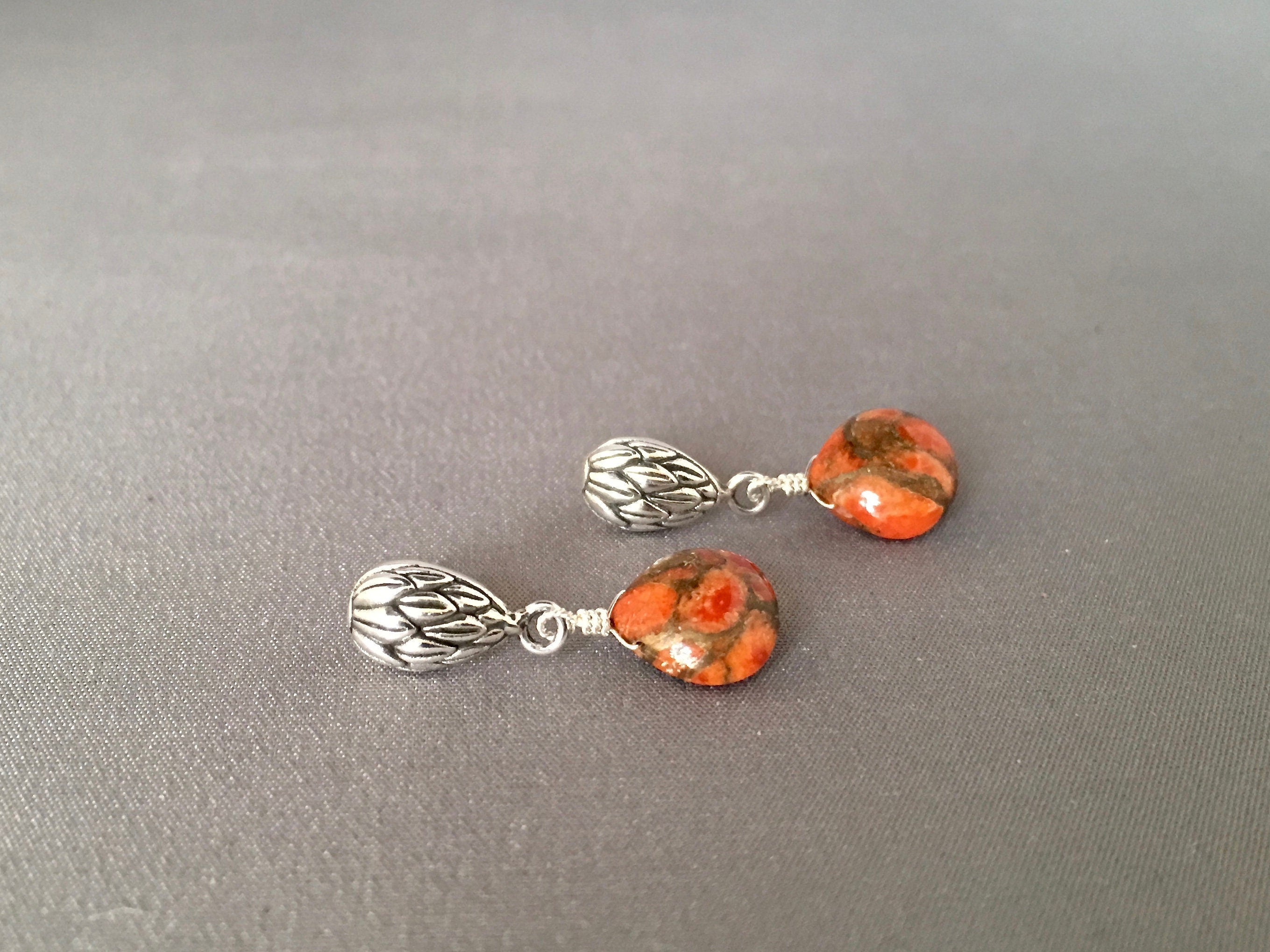 Orange Copper Turquoise Teardrop Post Earrings on Bali Silver